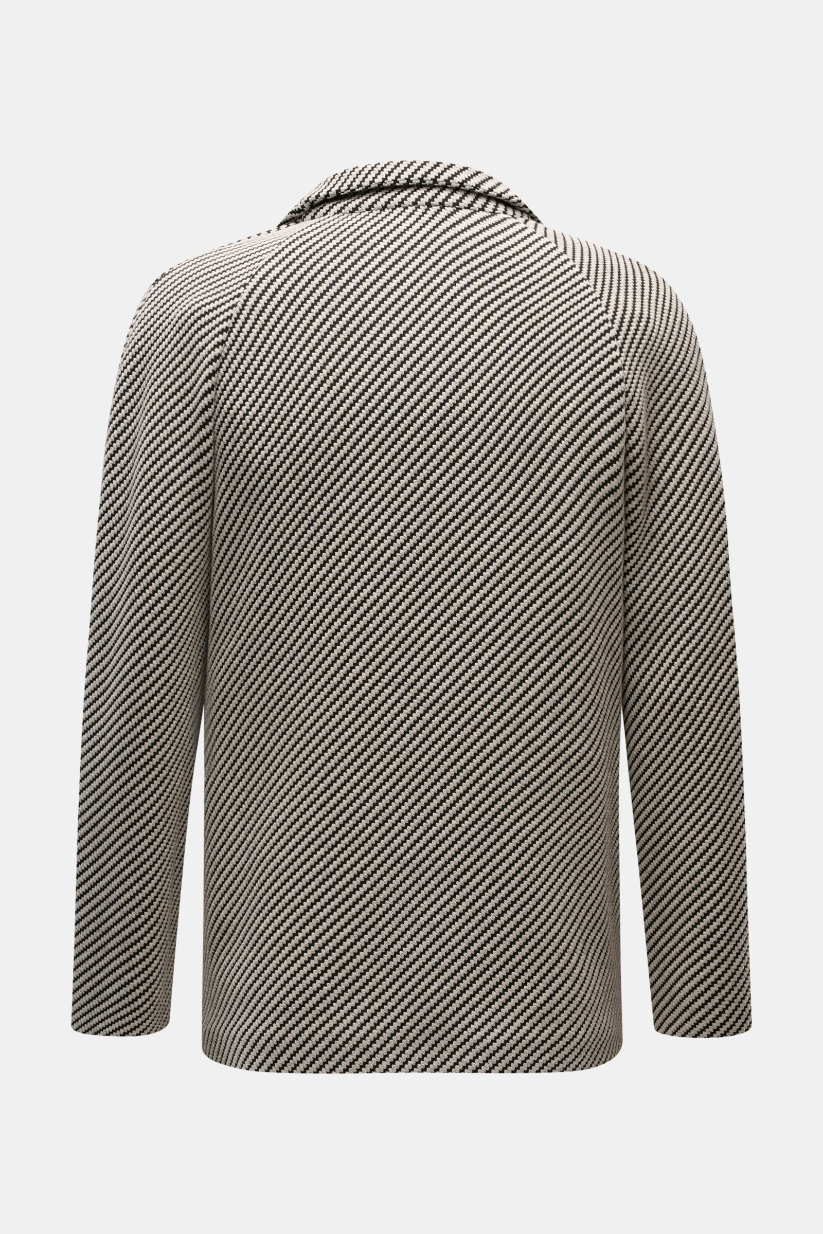 Back view of Emporio Armani Sakko hellgrau/schwarz gemustert with diagonal stripes, regular fit, slim shawl collar, four-button style.

Stilvoll durch den Frühling: Das Sakko von EMPORIO ARMANI verbindet zeitloses Design mit leichter Materialität.
