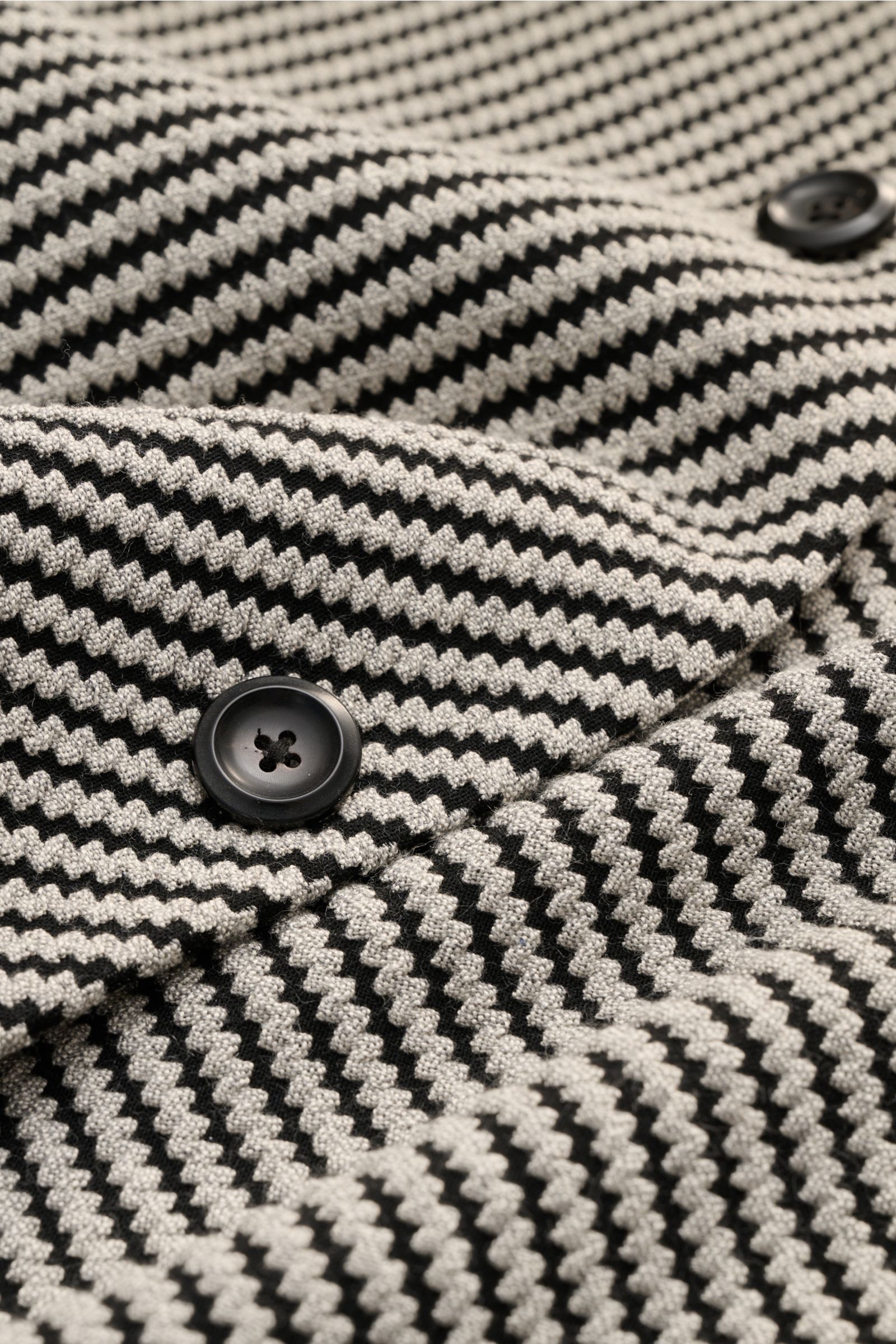 Close-up front perspective of Emporio Armani Sakko hellgrau/schwarz gemustert with black buttons, textured fabric, and a zigzag pattern.

Description: Stilvoll durch den Frühling: Das Sakko von EMPORIO ARMANI verbindet zeitloses Design mit leichter Mat