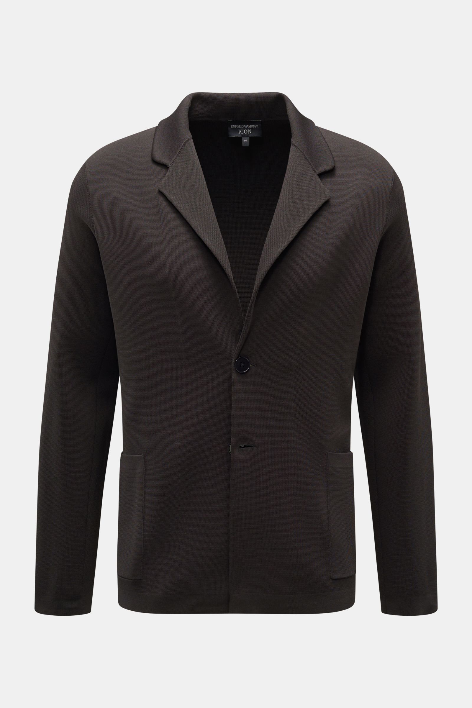 Emporio Armani Strickblazer 'Icon' anthrazit, frontal fotografiert, Slim Fit Jersey aus Viskose, Zwei-Knopf-Stil, fallendes Revers, aufgesetzte Hüfttaschen, Unconstructed Design.
