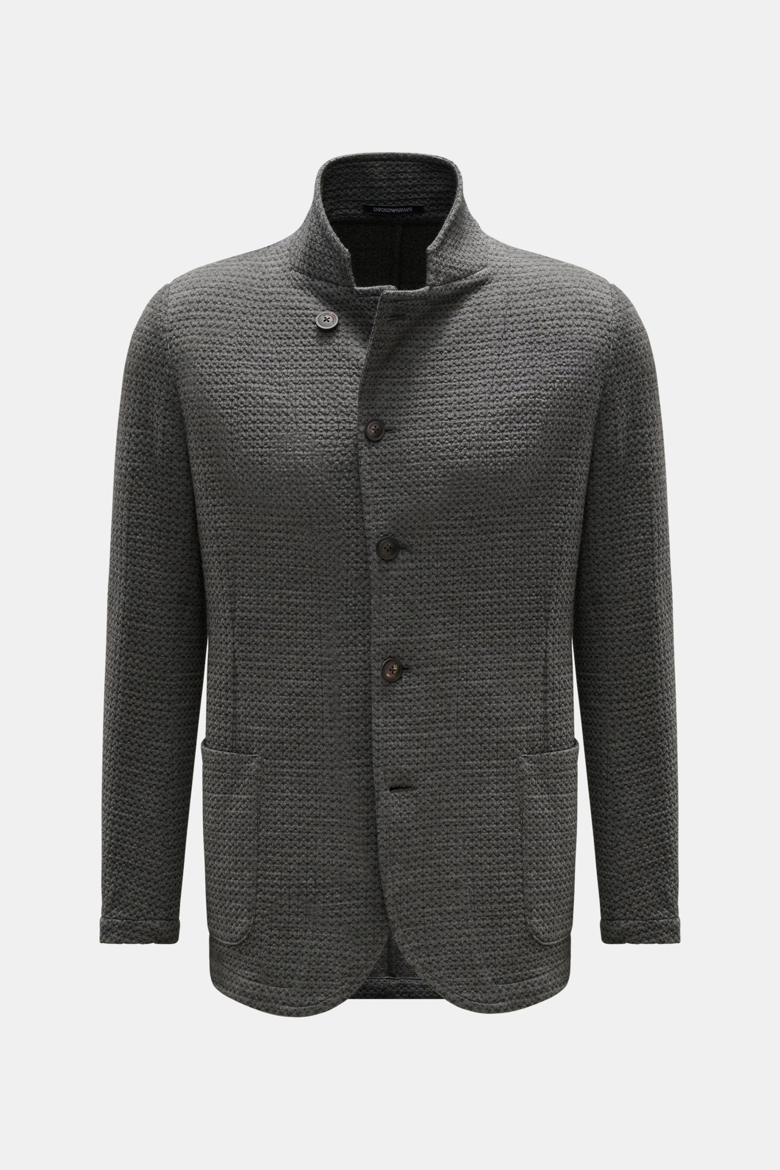 Front view of Emporio Armani Strickblazer dunkelgrau meliert, a slim fit knit blazer with five-button closure, patch pockets, and soft textured wool blend fabric. Eleganz trifft moderne Lässigkeit: Der Strickblazer von EMPORIO ARMANI besticht durch sein l