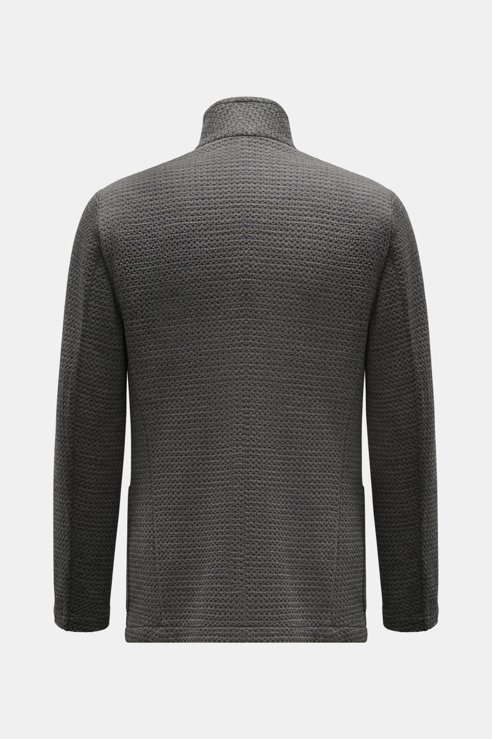 Back view of Emporio Armani Strickblazer dunkelgrau meliert, a slim fit, unconstructed knit blazer with soft wool, viscose, microfiber blend and textured pattern. Eleganz trifft moderne Lässigkeit: Der Strickblazer von EMPORIO ARMANI besticht durch sein l