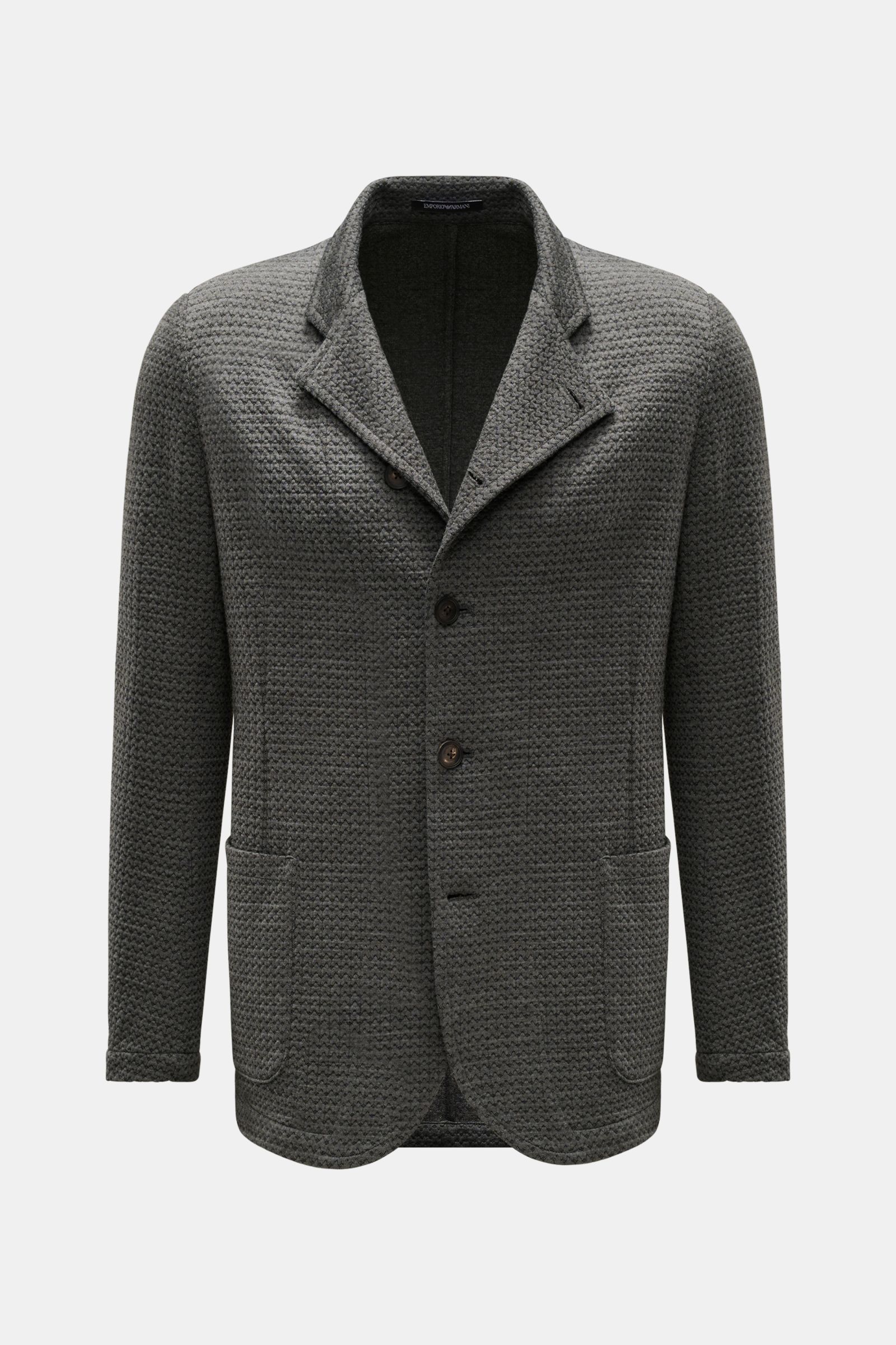 Front view of Emporio Armani Strickblazer dunkelgrau meliert, a slim fit dark gray knit blazer with a soft wool, viscose, and microfiber blend, featuring a five-button closure, notched lapels, patch hip pockets, and a subtle textured knit pattern in an un