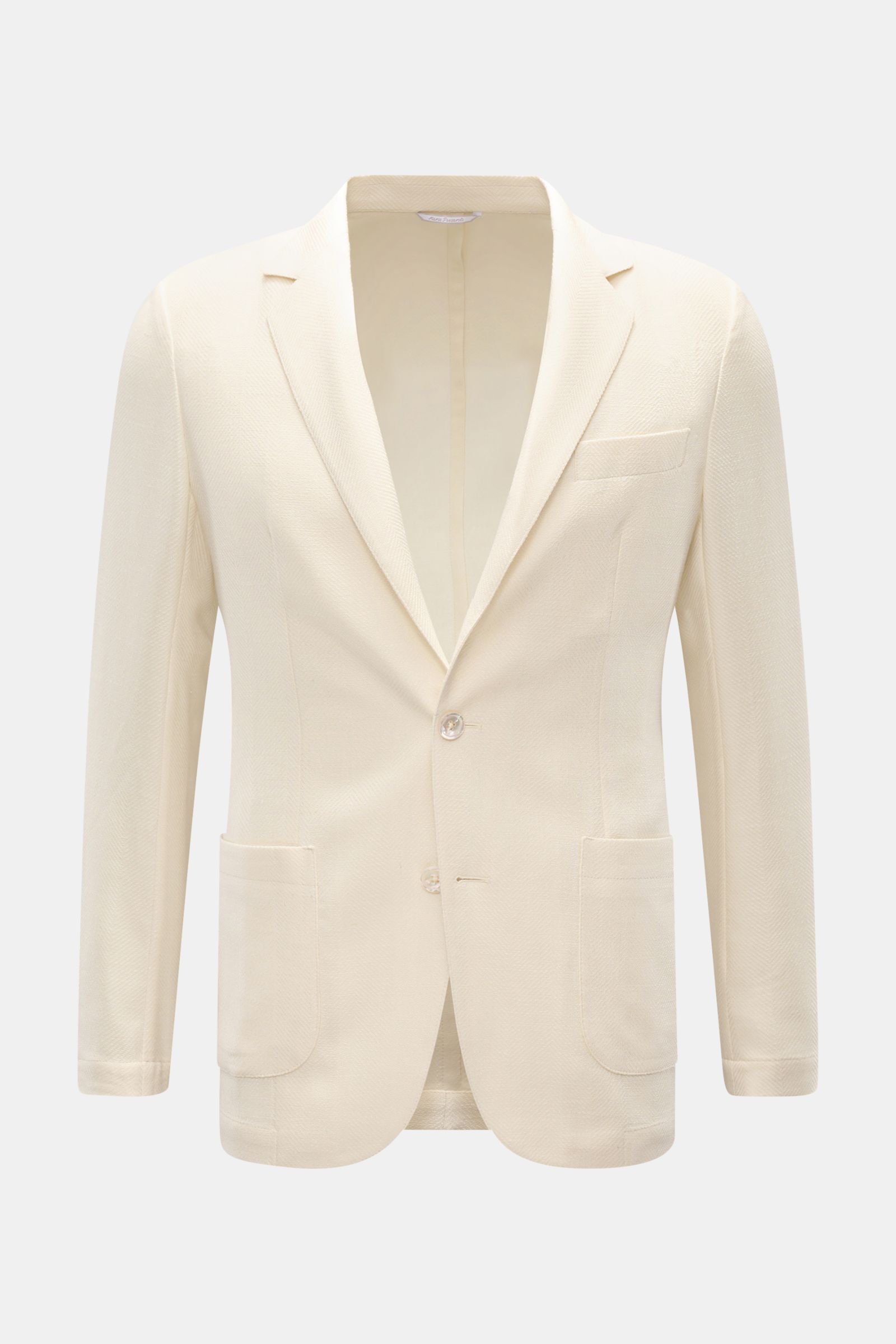 Front view of Marco Pescarolo Blazer 'Giove' cream, a slim-fit lightweight blazer with step lapel, two-button closure, and patch pockets.

Lightweight blazer with maximum comfort: MARCO PESCAROLO designs not just elegant trousers but also blazers to go