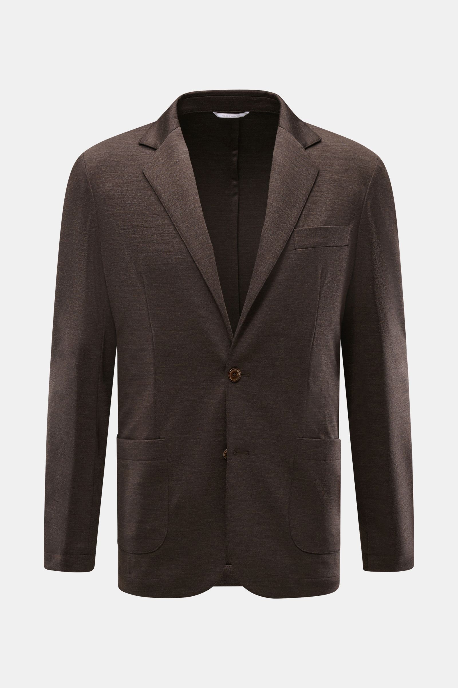 Front view of Marco Pescarolo Blazer 'Giove' dunkelbraun meliert, a lightweight, soft, tailored two-button blazer in fine pure virgin wool jersey.

Leichter Blazer mit höchstem Tragekomfort: MARCO PESCAROLO designt nicht nur edle Hosen, sondern auch Bl