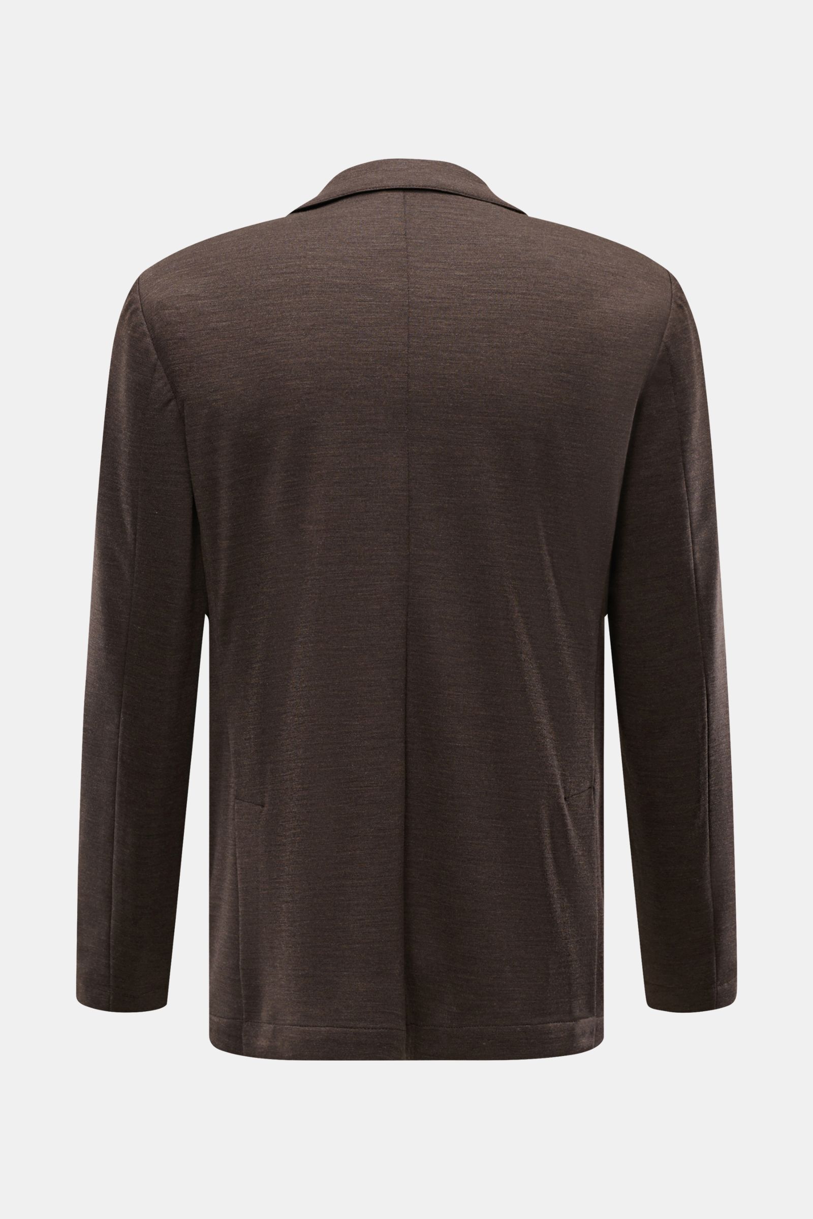 Rear view of Marco Pescarolo Blazer 'Giove' dunkelbraun meliert in lightweight, soft pure wool jersey with regular fit and unconstructed design.

Leichter Blazer mit höchstem Tragekomfort: MARCO PESCAROLO designt nicht nur edle Hosen, sondern auch Blaz
