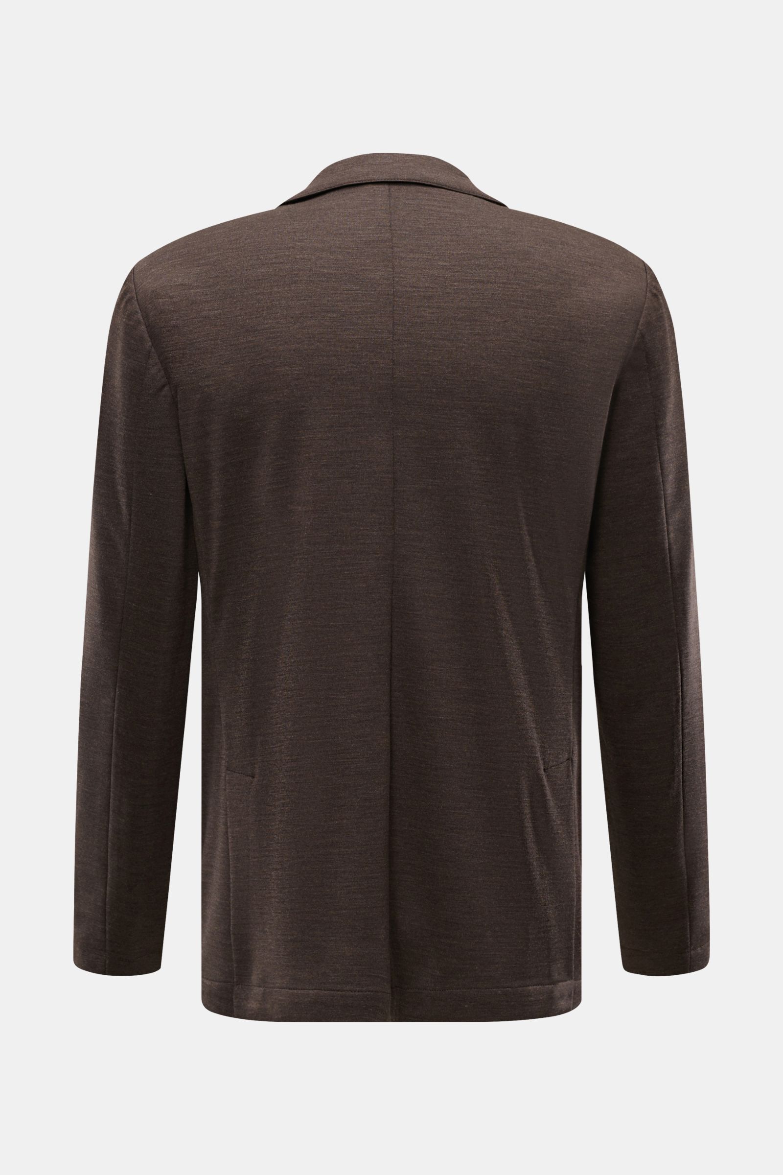 Back view of Marco Pescarolo Blazer 'Giove' dunkelbraun meliert, lightweight wool jersey with smooth texture, tailored fit, and unconstructed design.

Additional description: Leichter Blazer mit höchstem Tragekomfort: MARCO PESCAROLO designt nicht nur 