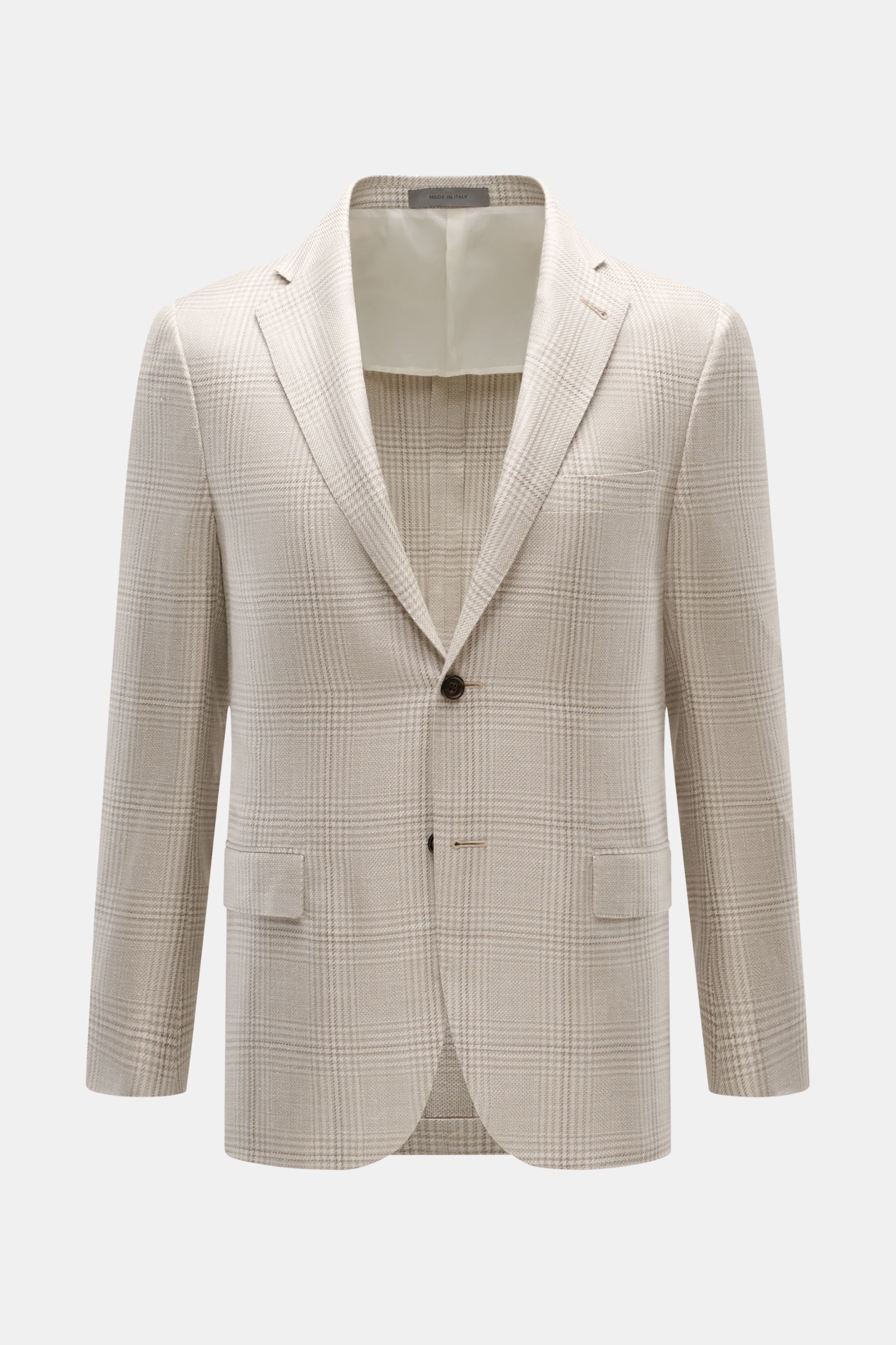 Front view of Corneliani Smart-casual jacket light grey/cream checked, slim fit with classic glen check, two-button style, step lapel.

Stylish and uncomplicated – with its comfortably lightweight blend of wool, silk and linen and its high-quality deta