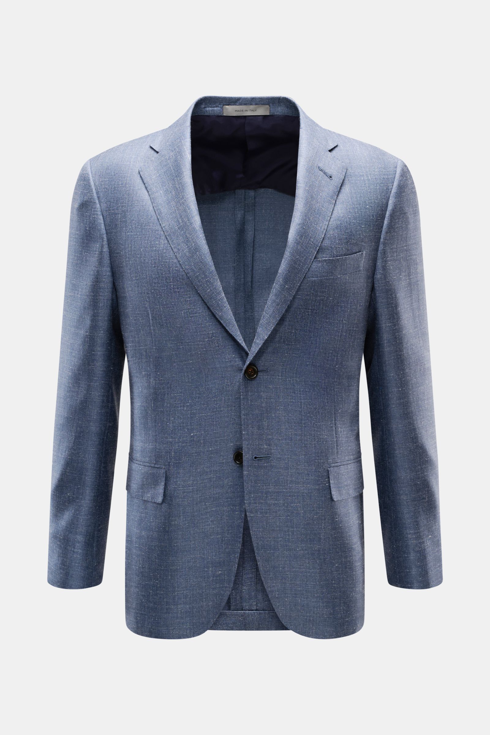Front view of Corneliani Smart-casual jacket grey-blue mottled, slim fit with step lapel, two-button, classic breast pocket, and flap hip pockets. 

Italian label CORNELIANI knows how to use traditional tailoring to create minimalist elegance with perfect
