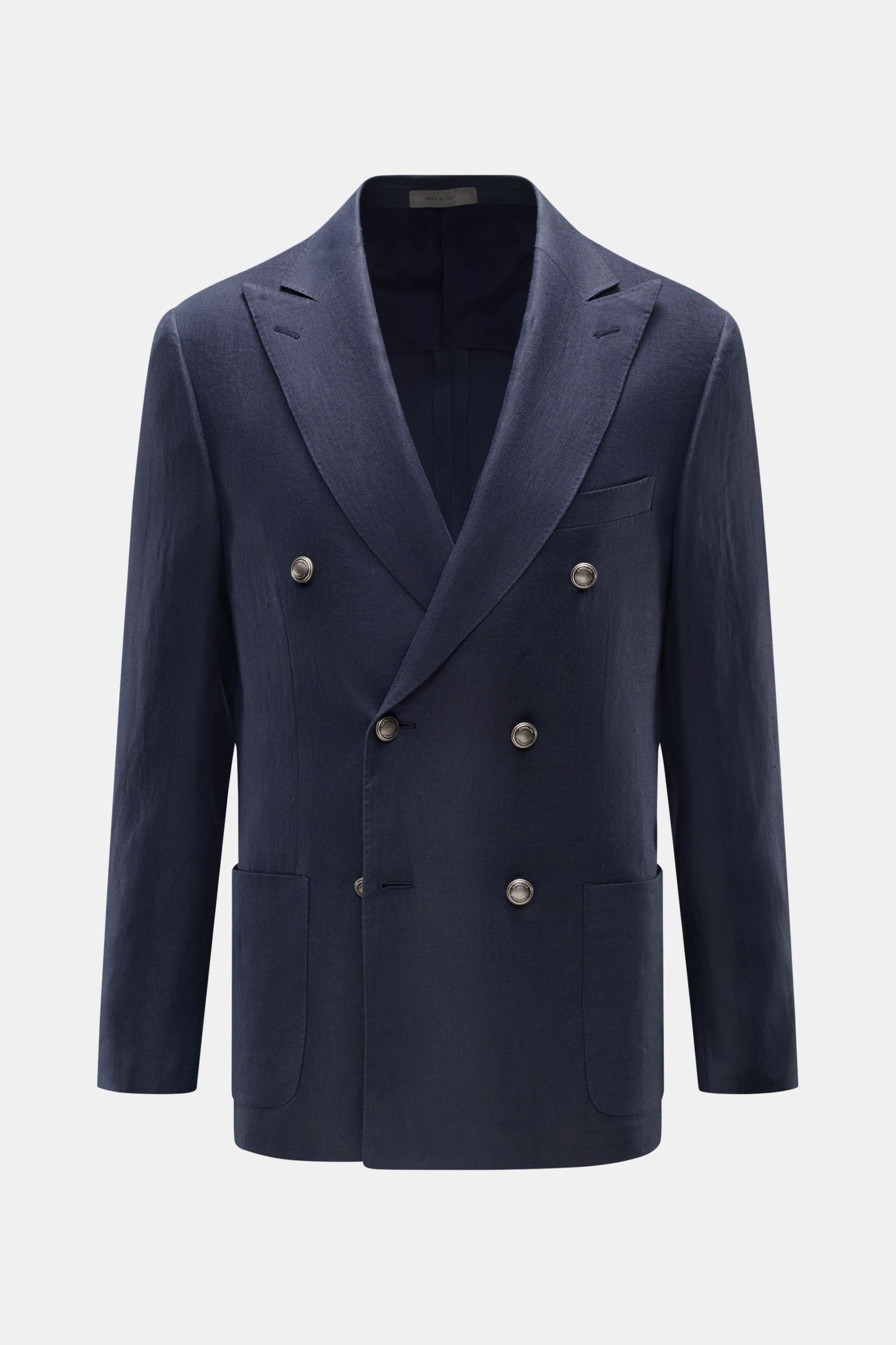 Front view of Corneliani Leinensakko graublau, a slim fit, pure linen double-breasted blazer with soft texture, peak lapels, chest and hip patch pockets, unfinished sleeves, rear side vents, half lining, and four inner pockets, perfect for a summer dinner