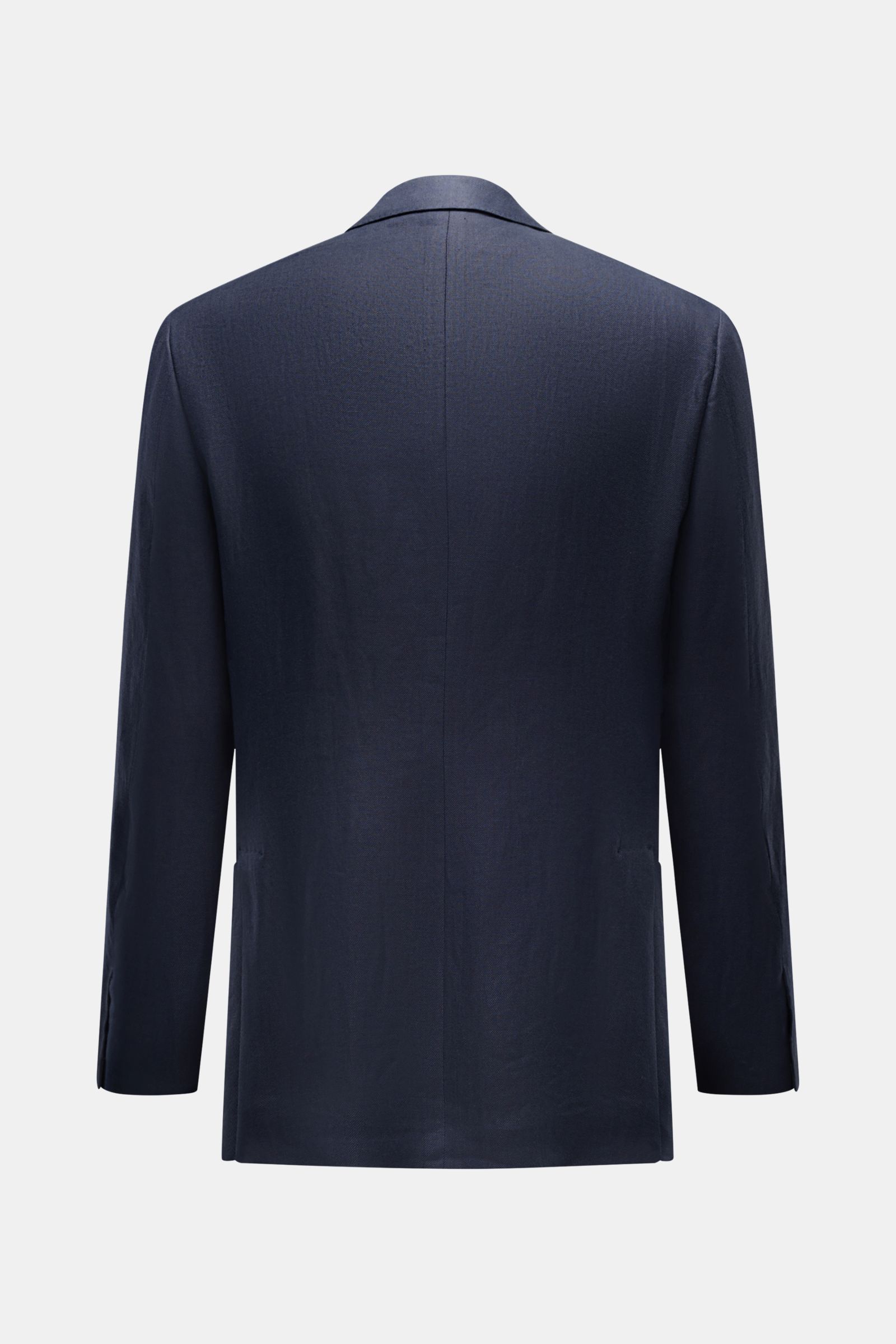 Corneliani Leinensakko graublau shown from the back, made of pure soft linen in a slim fit, double-breasted three-button style. Formvollendeter Stil von CORNELIANI: Im zweireihigen Design aus italienischer Meisterhand wurde dieses Sakko aus reinem, sof