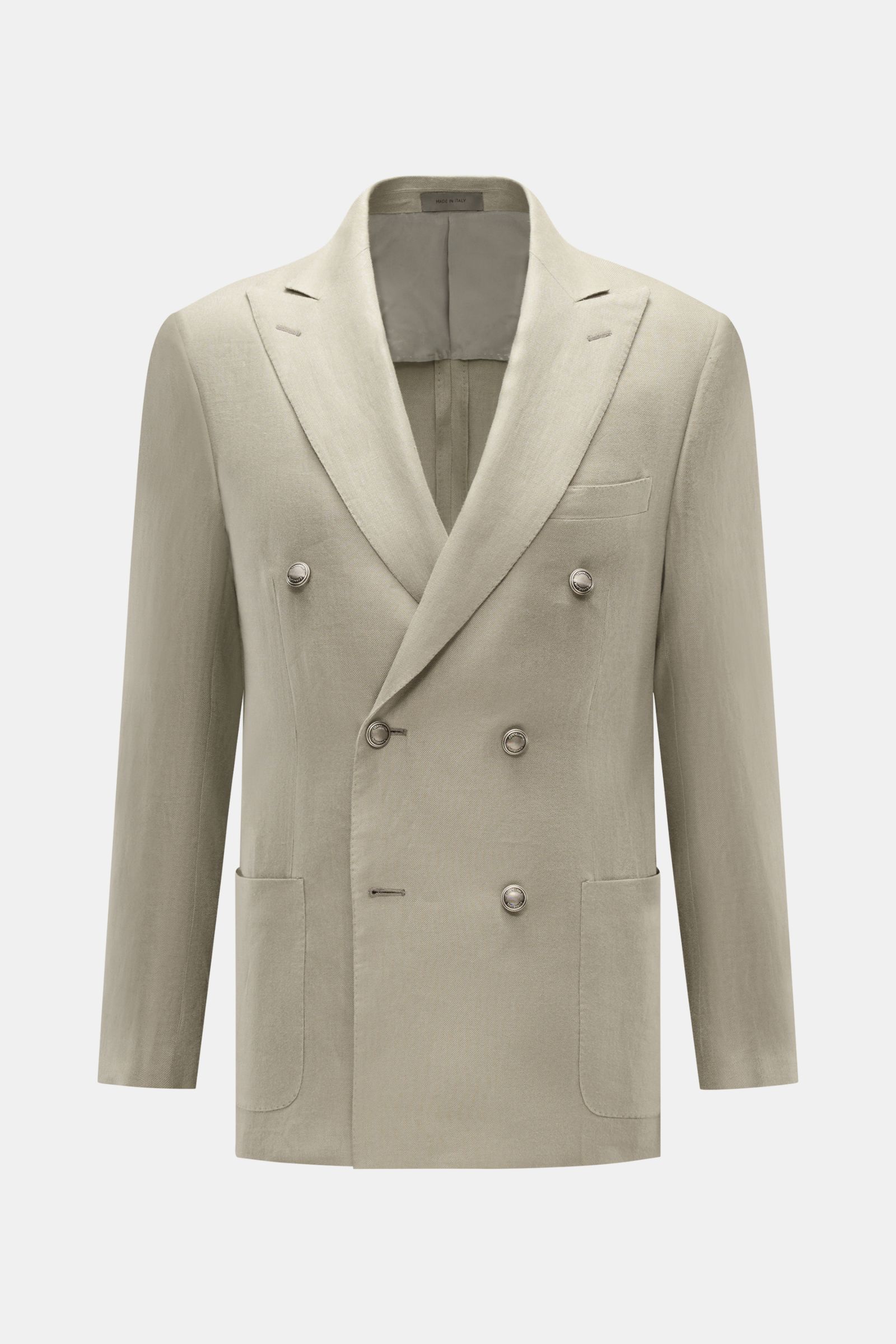 Corneliani Leinensakko salbei, frontale Ansicht, zweireihig, Slim Fit, reines Leinen, weicher Griff, Brust- und Hüfttaschen, halb gefüttert.