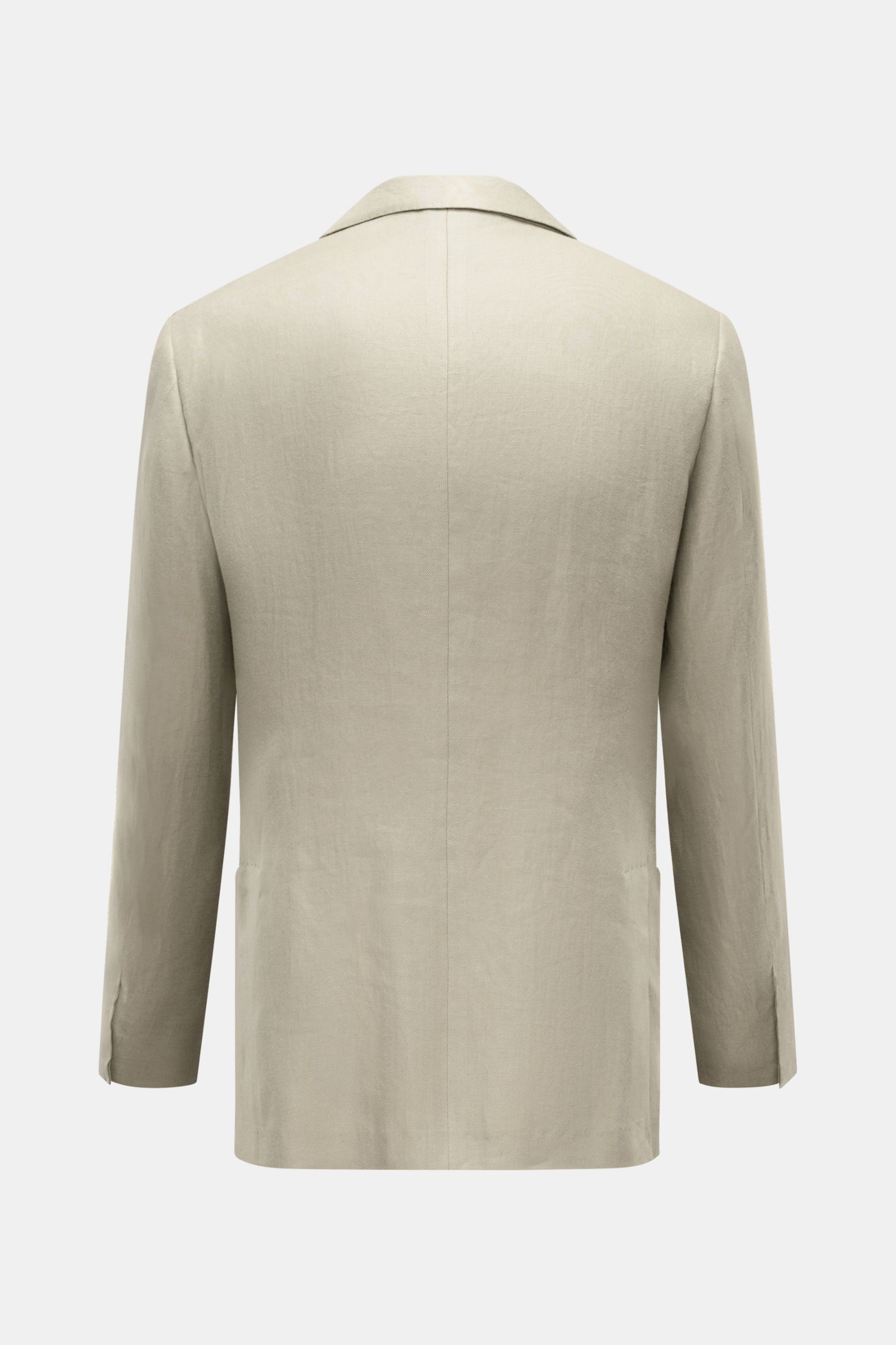 Corneliani Leinensakko salbei, weich und slim Fit, aus reinem Leinen, zweireihig, Rückenansicht mit Seitenschlitzen und unvollendeten Ärmeln.