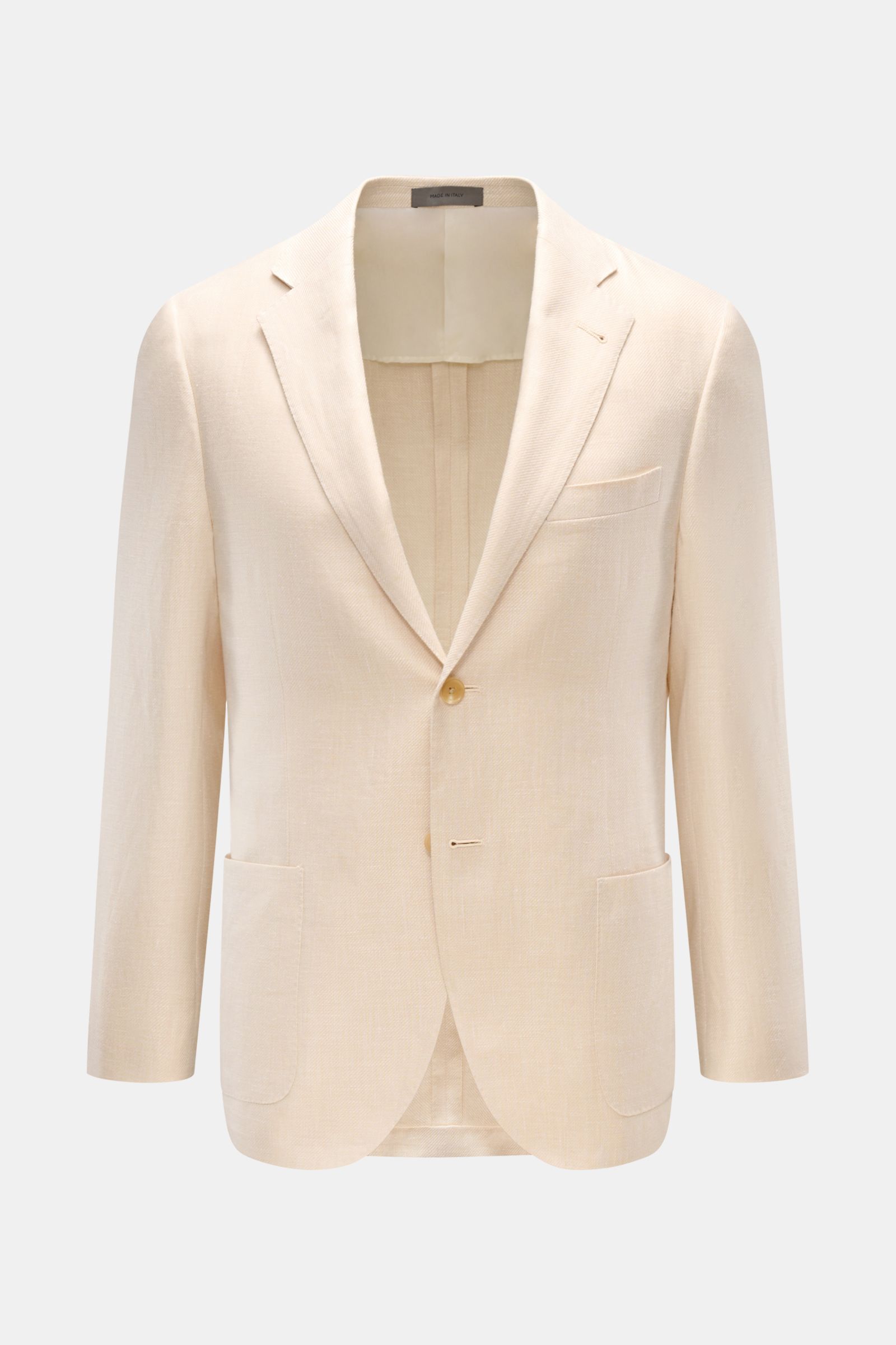 Corneliani Sakko creme front view in slim fit, made of light lyocell and linen with soft touch, two-button closure, notch lapels, chest pocket, patch hip pockets. Formvollendeter Stil von CORNELIANI: mit optimalem Fit aus italienischer Meisterhand wurde d