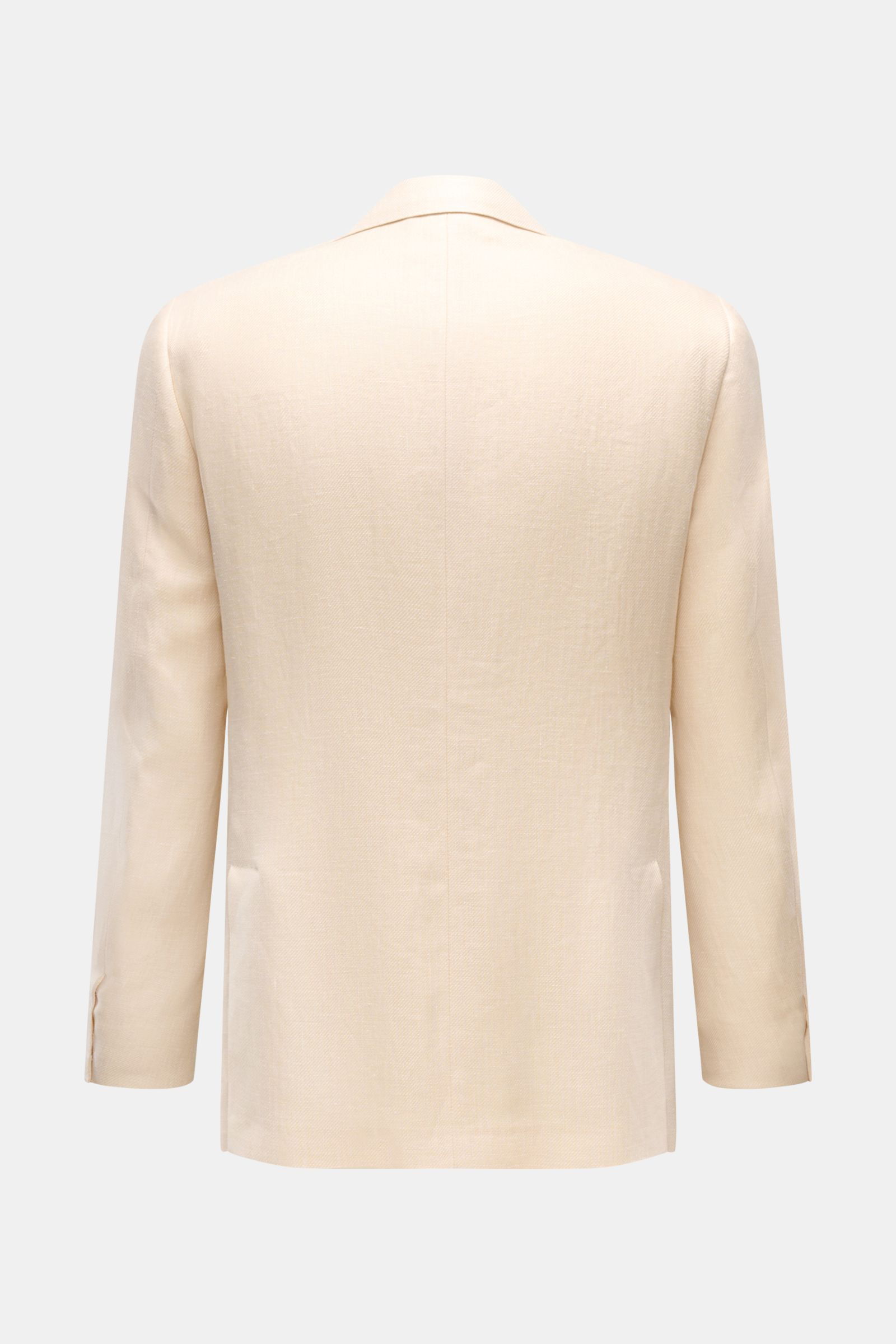 Back view of Corneliani Sakko creme, a slim fit two-button blazer made from a soft mix of lyocell and linen with fine weave texture, unfinished sleeve cuffs, rear side vents, classic breast pocket, patch hip pockets, half-lined interior with four inner po