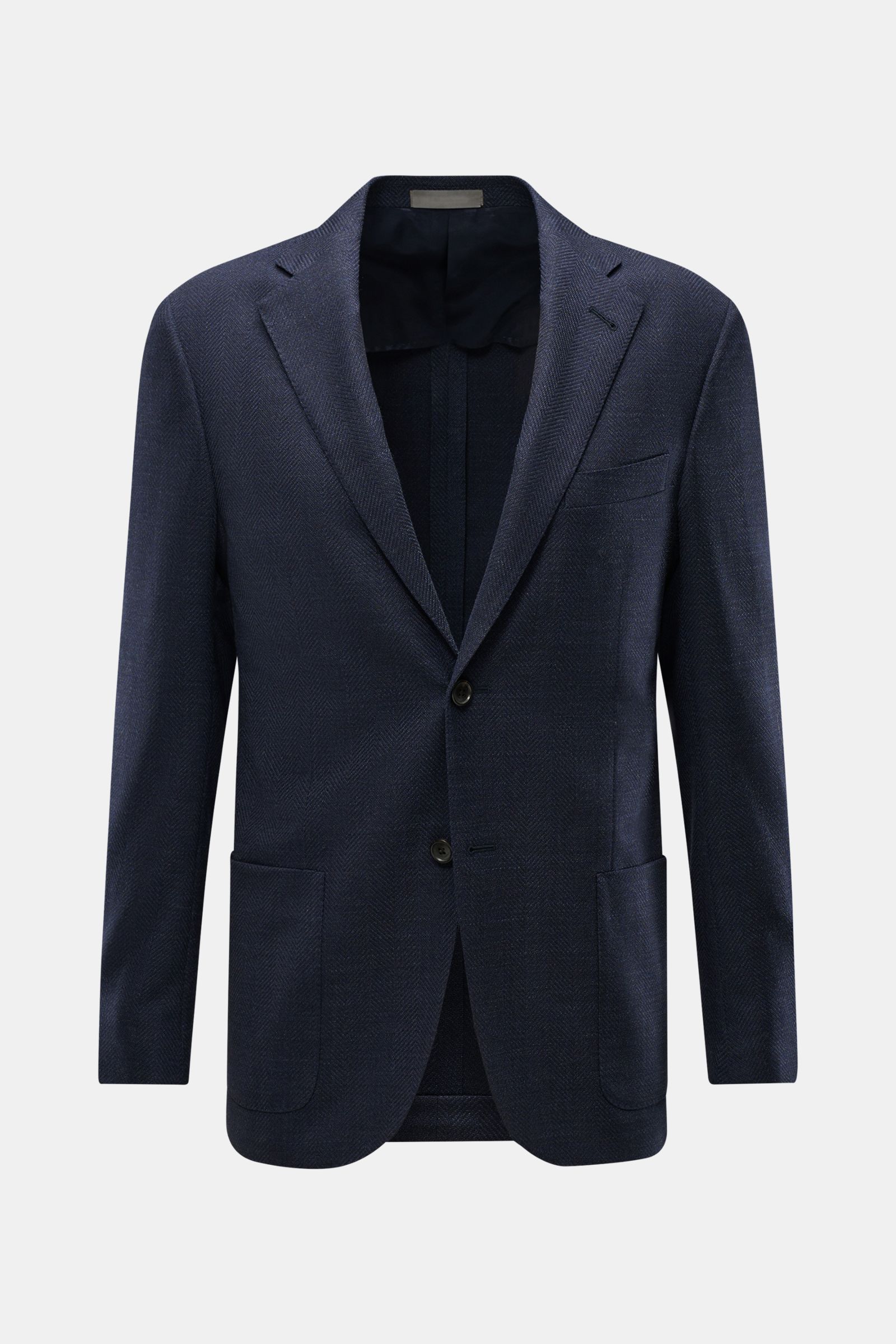 Front view of Corneliani Smart-casual jacket navy mottled in fine elastic virgin wool with slim fit, two-button style, step lapel, breast and patch hip pockets.