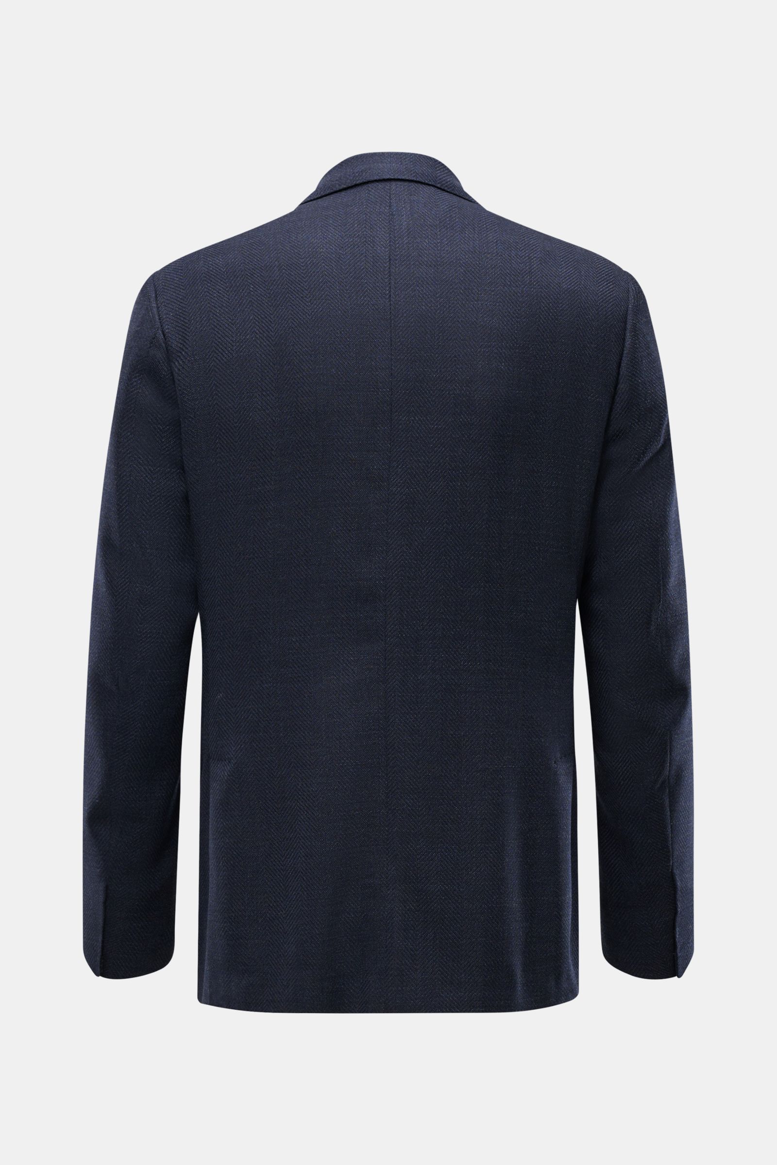 Corneliani Smart-casual jacket navy mottled shown from the back, featuring elastic virgin wool, lightweight fabric, slim fit, step lapel, unfinished sleeve cuffs, and side vents. Timeless sophistication: This CORNELIANI smart-casual jacket, crafted from f