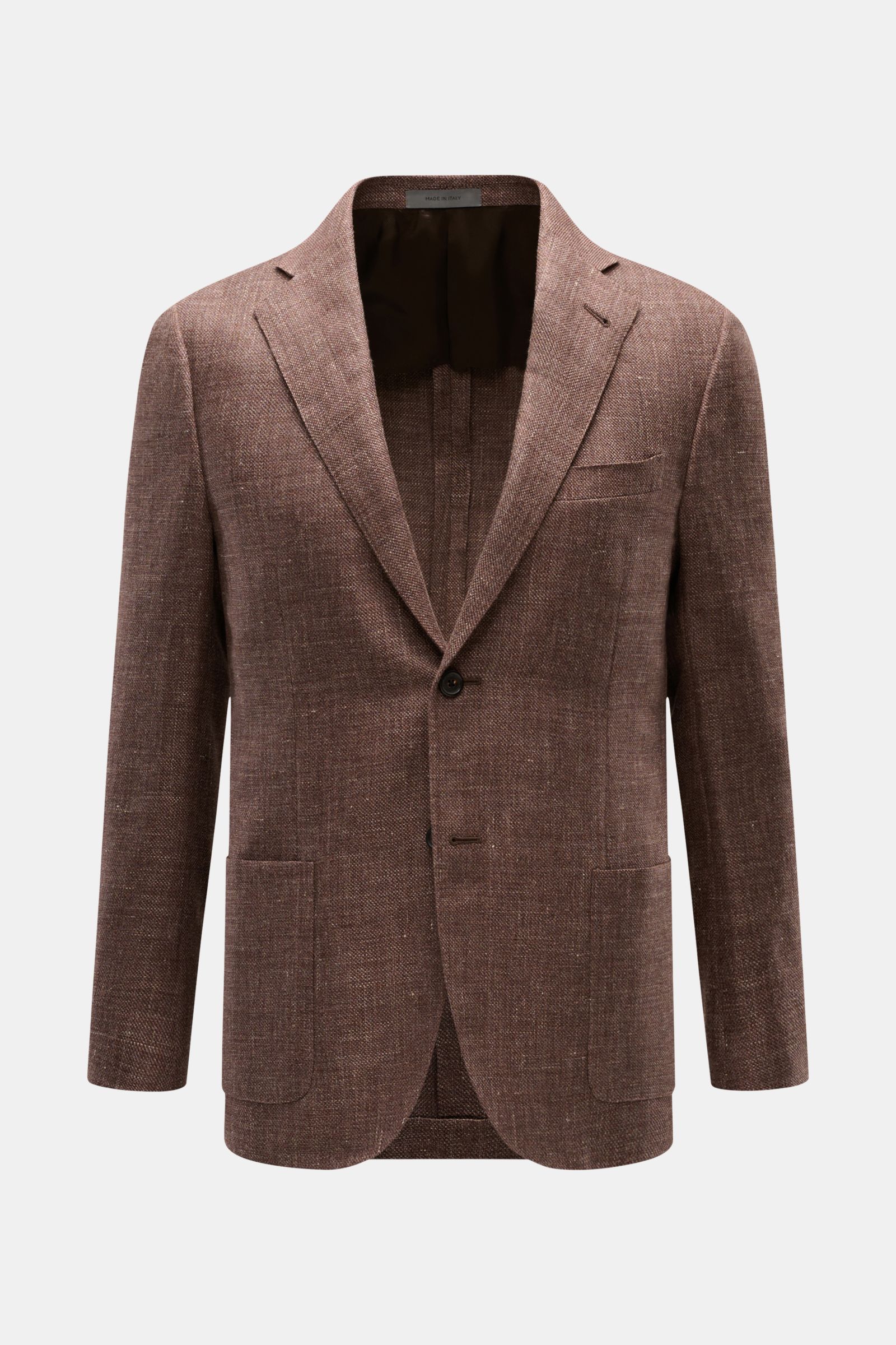 Alt tag (124 characters): Front view of Corneliani Smart-casual jacket brown melange in virgin wool and linen with slim fit and step lapel.

Description: 
Superlative style from CORNELIANI: in an optimal fit made with Italian expertise, this smart-casu