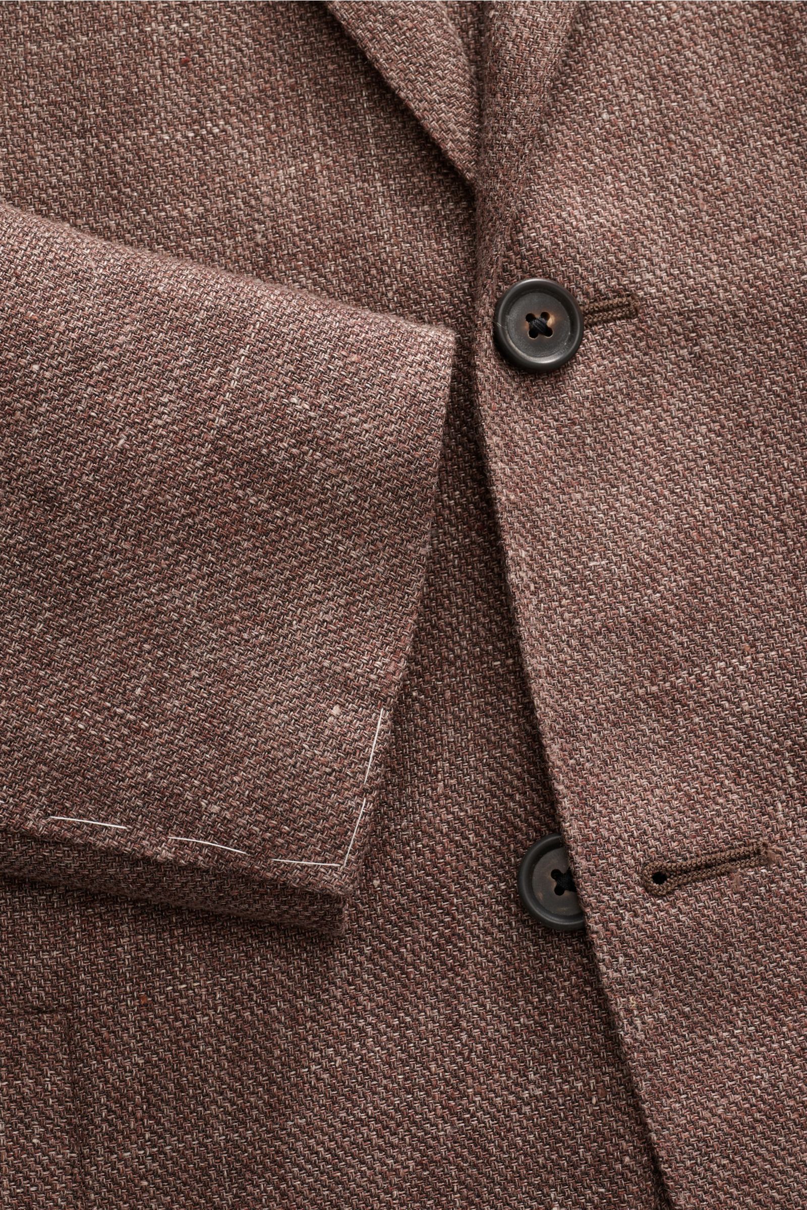 Alt tag (125 characters max): Close-up front view of Corneliani Smart-casual jacket brown melange with button, fine virgin wool and linen weave.

Description:
Superlative style from CORNELIANI: in a optimal fit made with Italian expertise, this smart-c