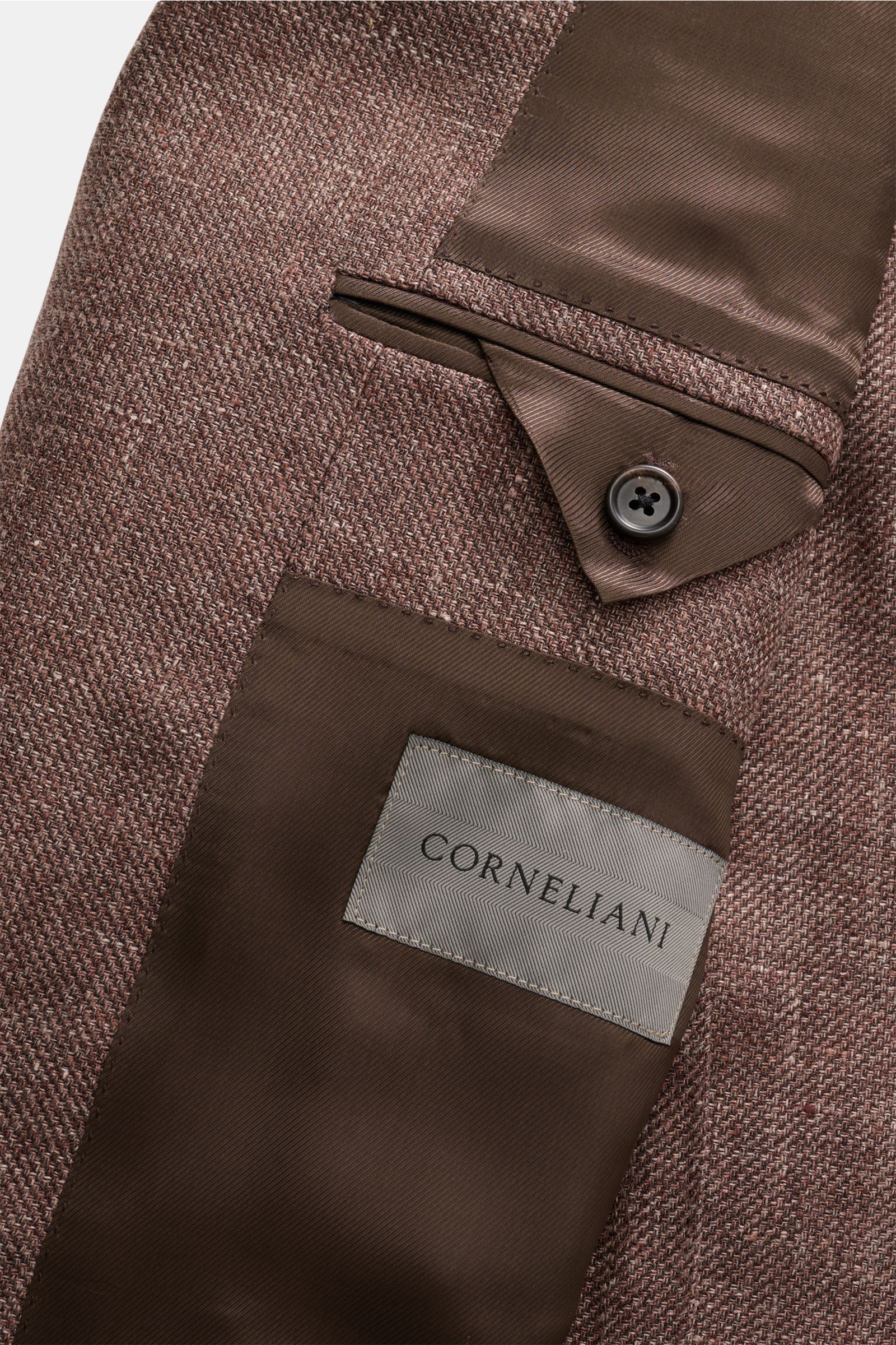 Close-up top-down view of Corneliani Smart-casual jacket brown melange showing textured wool-linen fabric, buttoned cuff, and label.

Description: Superlative style from CORNELIANI: in a optimal fit made with Italian expertise, this smart-casual jacket