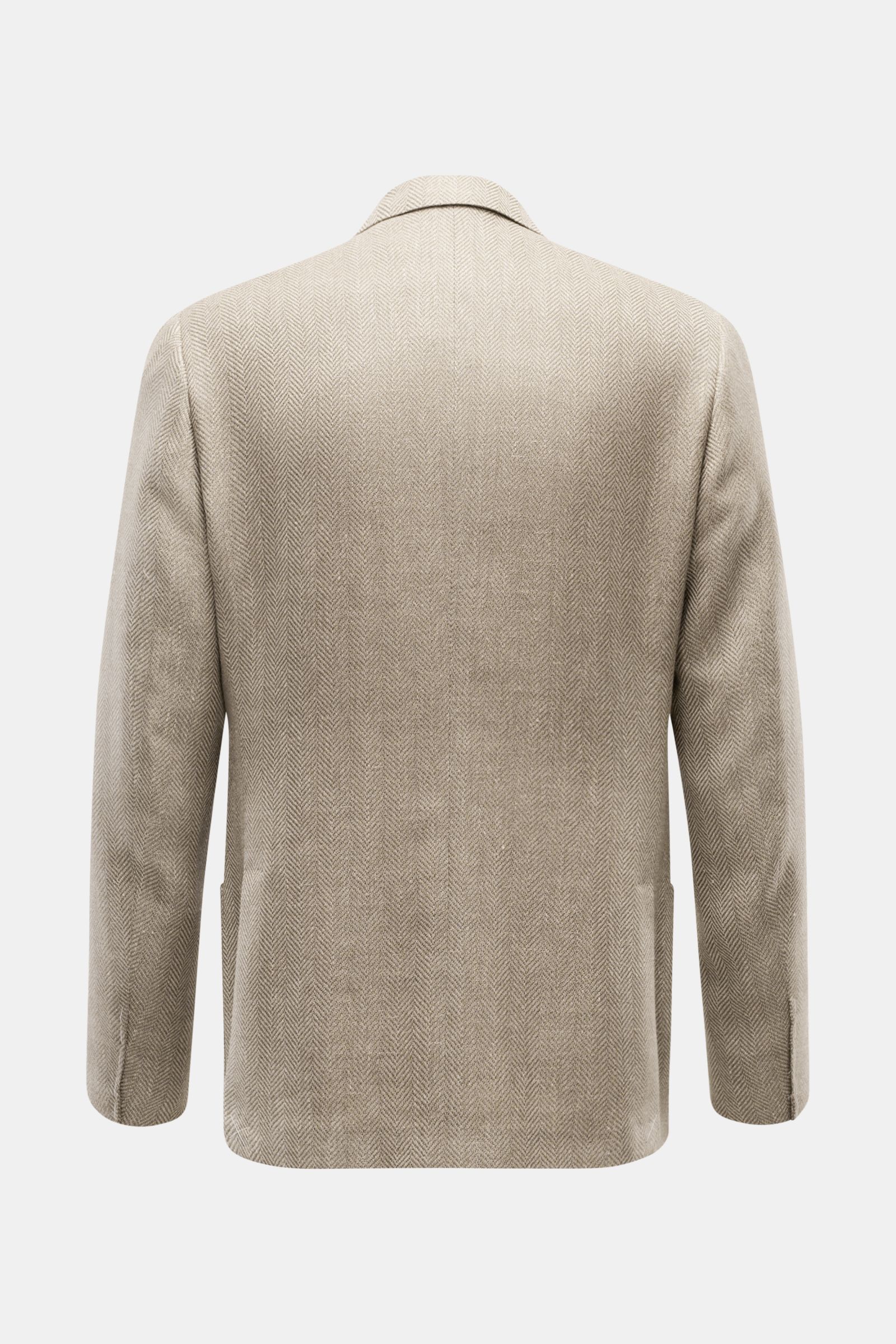 Rear view of Corneliani Sakko taupe gemustert, a slim fit blazer in wool-linen mix with tonal herringbone pattern, falling lapels, and unfinished sleeve ends.

Description: Stilvoll durch die neue Saison: mit optimalem Fit aus italienischer Meisterhand