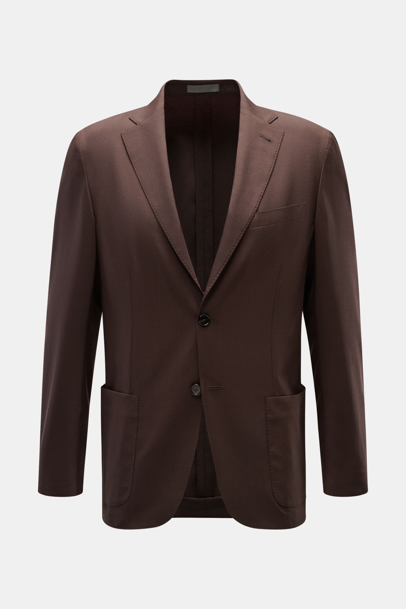Front view of Corneliani Smart-casual jacket dark brown in wool-silk blend, slim fit with step lapel, breast pocket, patch hip pockets, and two-button closure.

Easy style all summer long: this smart-casual jacket in a fine wool-silk blend has been mad