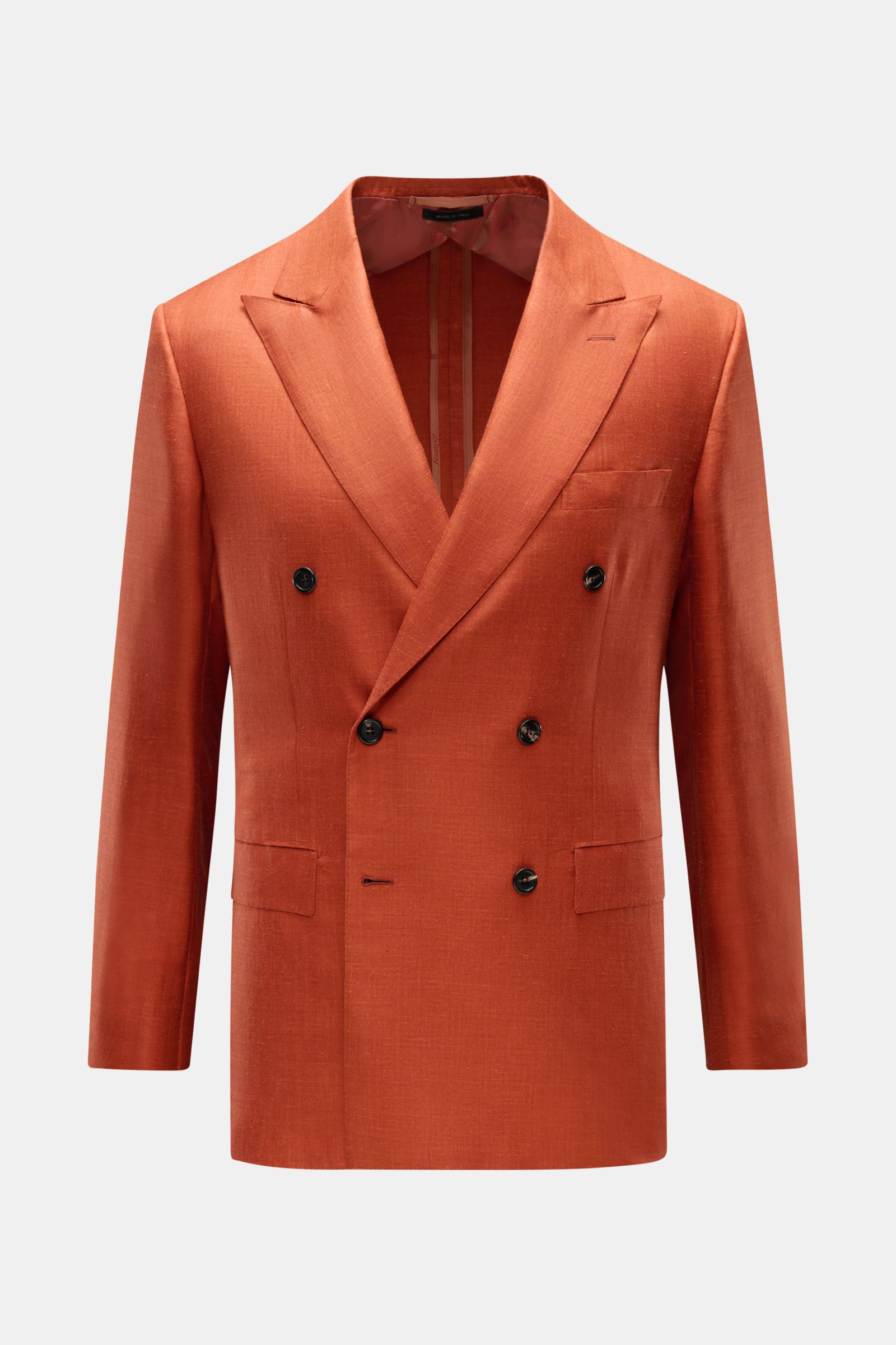 Front view of Brioni Smart-casual jacket 'New Plume' red brown mottled, double-breasted with pointed lapels, breast and flap hip pockets.

Description: Made of a sophisticated blend of silk and cashmere, the smart-casual jacket 'New Plume' by BRIONI co