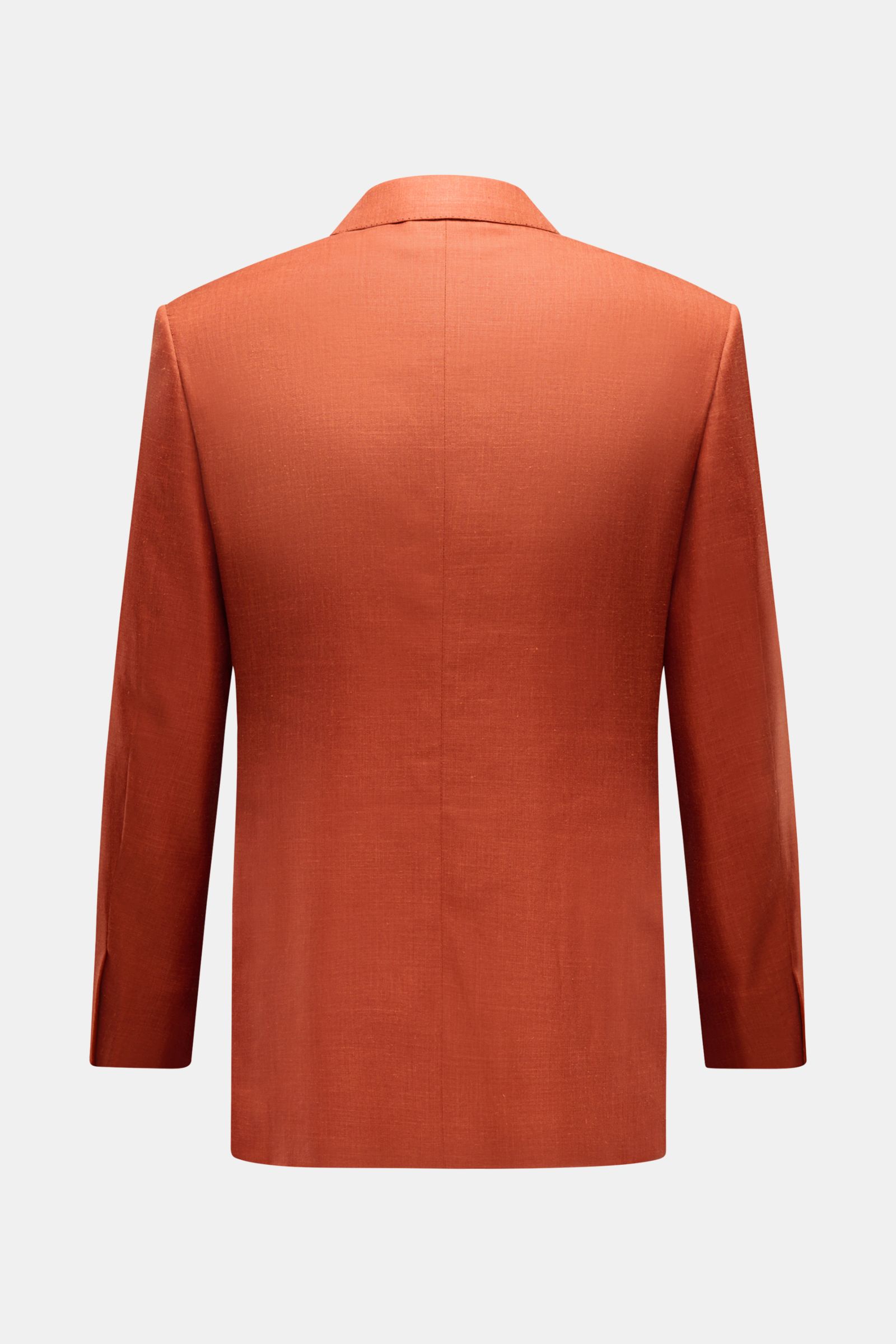 Brioni Smart-casual jacket 'New Plume' red brown mottled shown from the back, made of a silk, cashmere, and linen blend with a slim fit, lightweight fabric, and side vents. 

Made of a sophisticated blend of silk and cashmere, the smart-casual jacket 'New