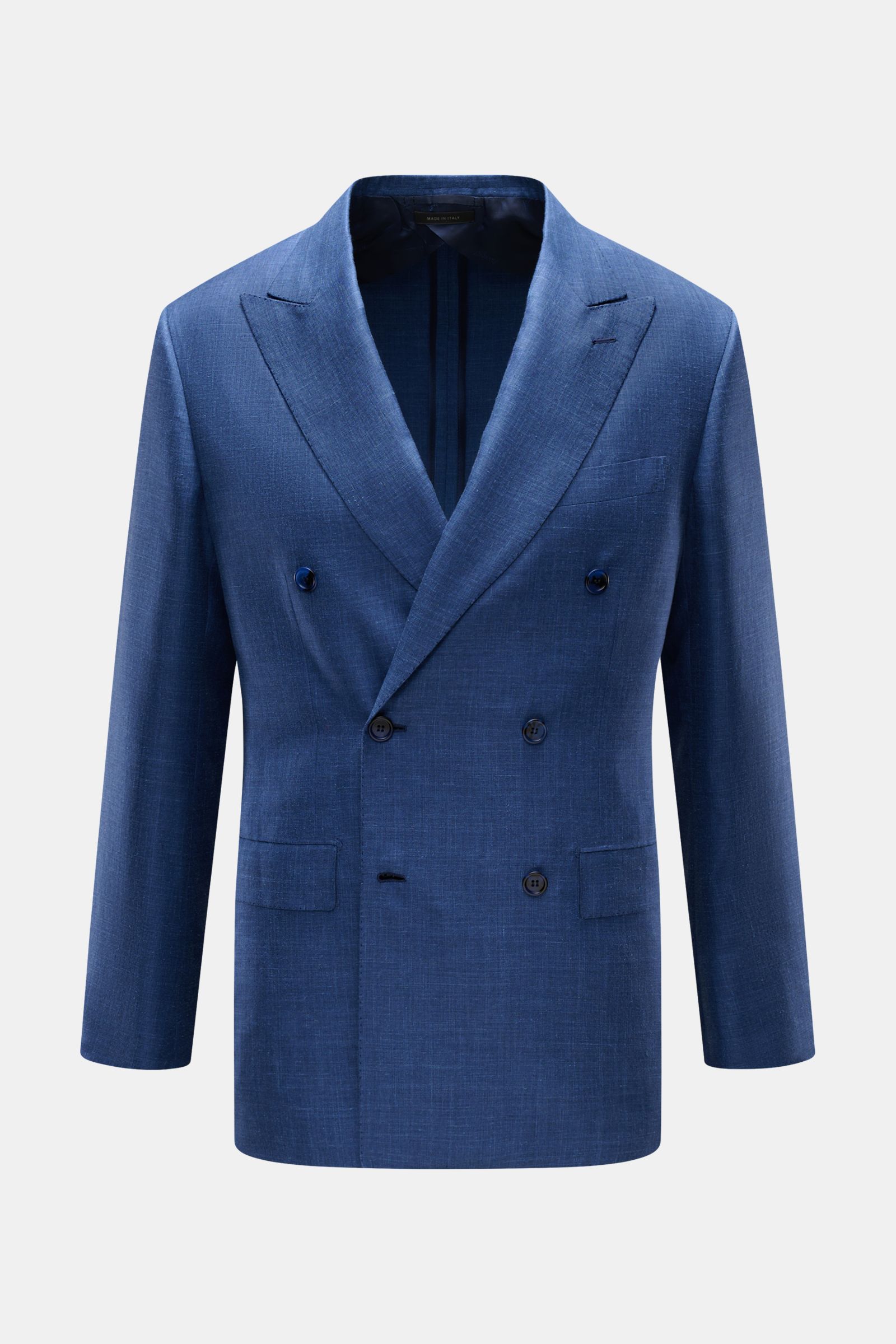 Front view of Brioni Smart-casual jacket 'New Plume' grey-blue mottled, a slim-fit, double-breasted three-button jacket with pointed lapel.

Description: A lightweight mottled fabric made from a high-quality blend of silk and cashmere defines the elegant 