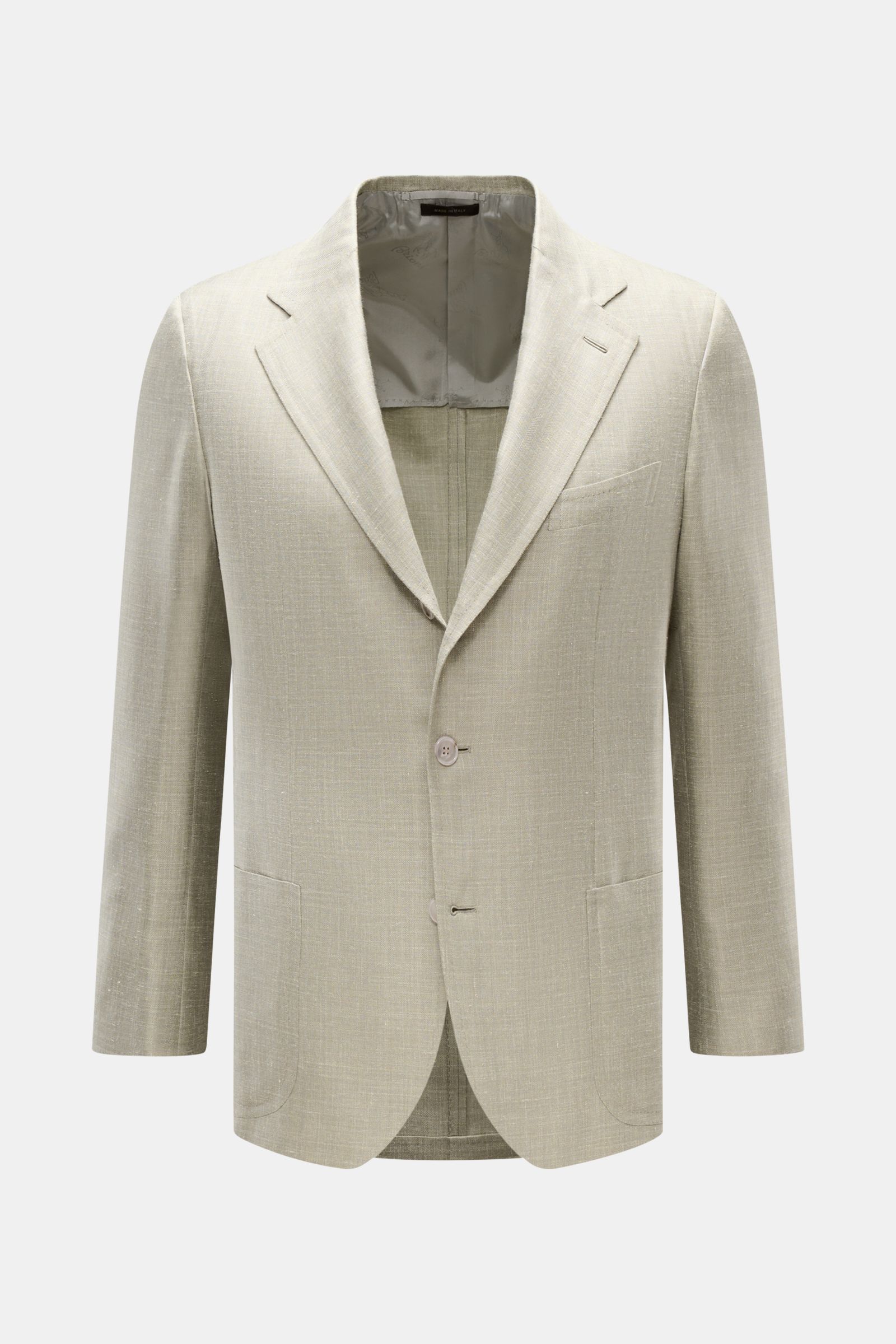 Front view of Brioni Smart-casual jacket 'Amalfi' sage mottled, made from a lightweight wool, silk, and linen blend with slim fit and step lapel, featuring a three-button style, classic breast pocket, patch hip pockets, unfinished sleeve cuffs, side vents
