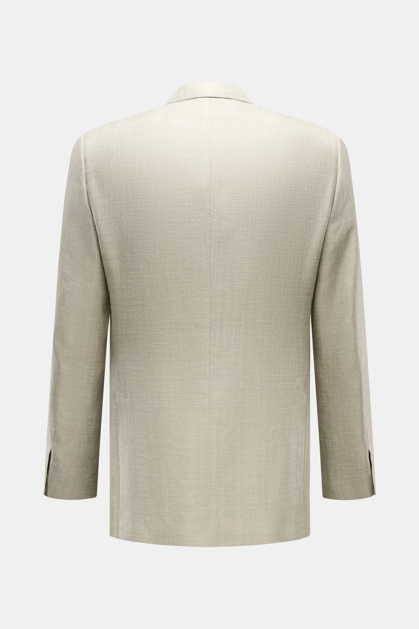 Back view of Brioni Smart-casual jacket 'Amalfi' sage mottled in a fine wool-silk-linen blend with slim fit and side vents. 

Description: 
A confident choice for stylish looks: The exquisite wool-silk blend in a fine mottled appearance gives the smart