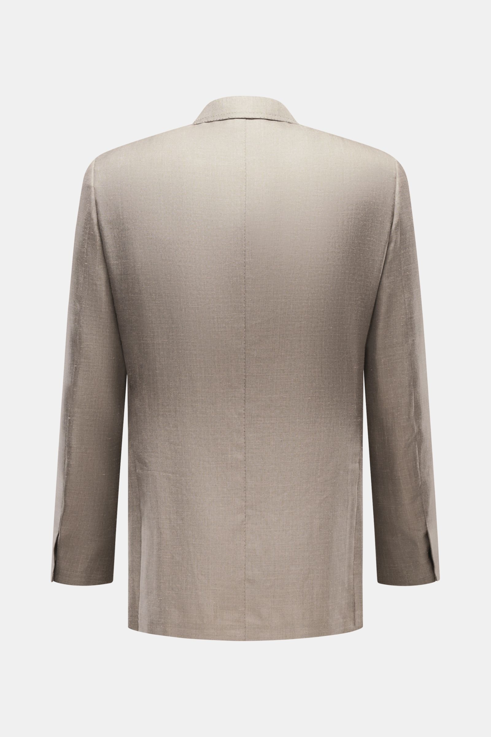 Back view of Brioni Smart-casual jacket 'Amalfi' grey mottled, silk-cashmere-linen blend, slim fit, step lapel, three-button style, soft lightweight fabric.