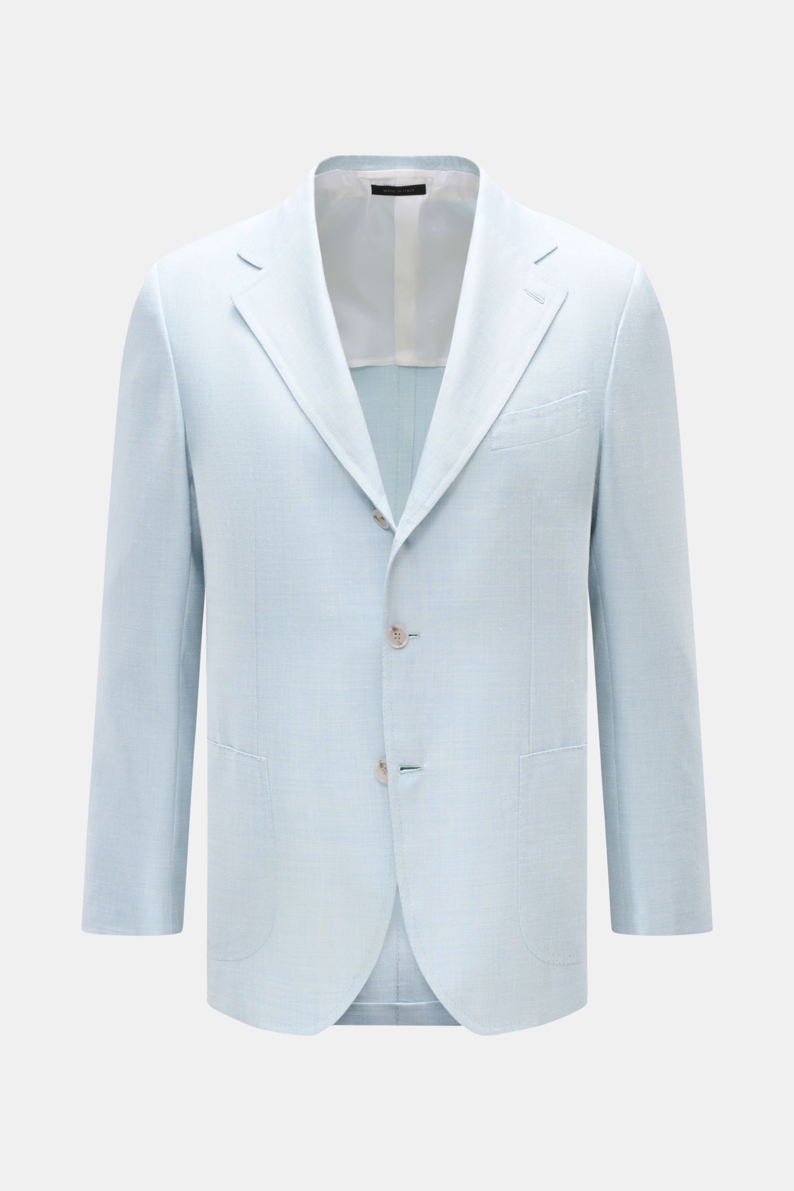 Front view of the Brioni Smart-casual jacket 'Amalfi' pastel blue mottled, made of a wool-silk-linen blend with slim fit, step lapel, three-button style, classic breast pocket, patch hip pockets, unfinished sleeve cuffs, side vents, half lined, and three 
