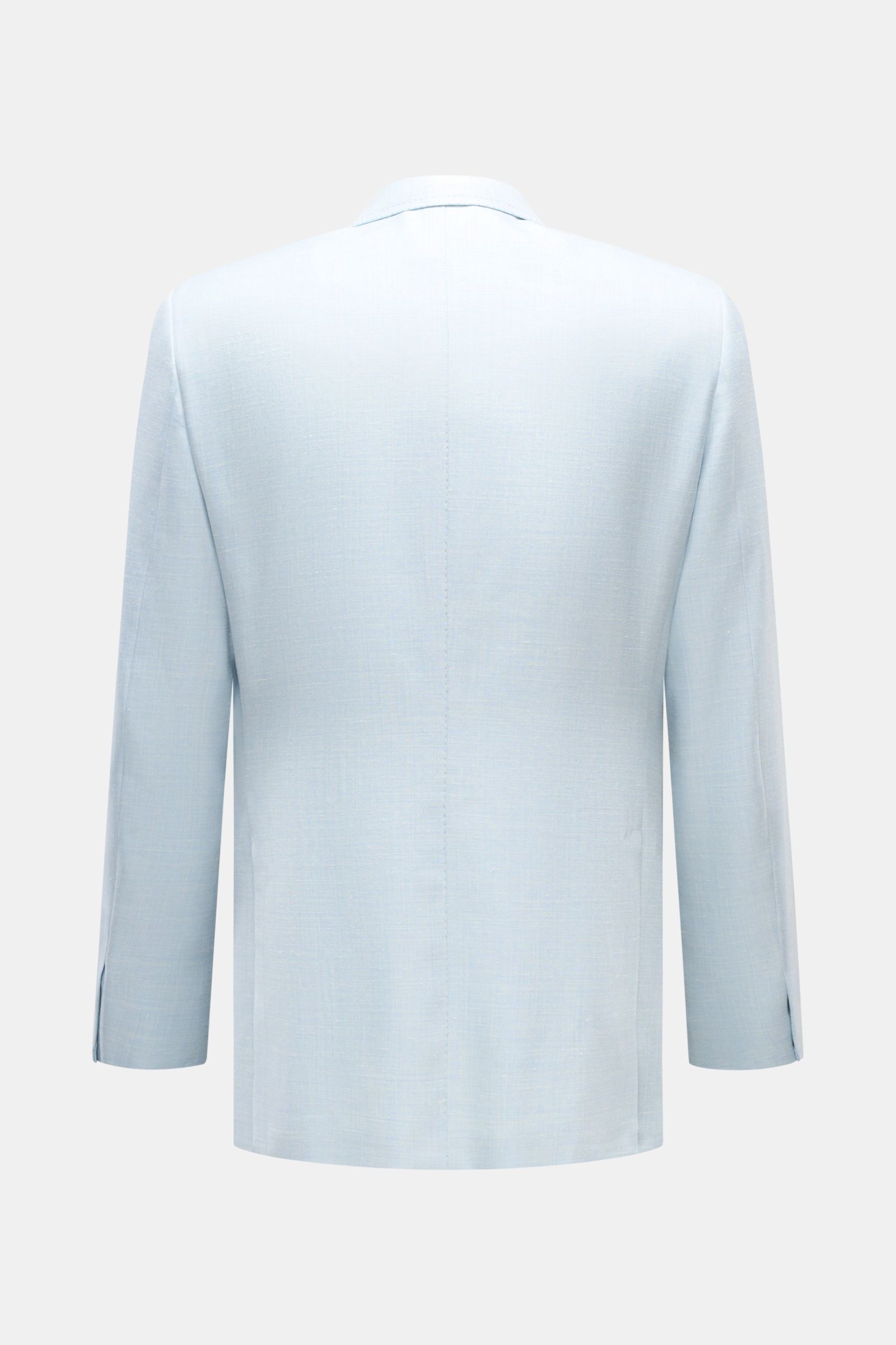 Rear view of Brioni Smart-casual jacket 'Amalfi' pastel blue mottled, wool-silk-linen blend, slim fit with side vents and unfinished cuffs.