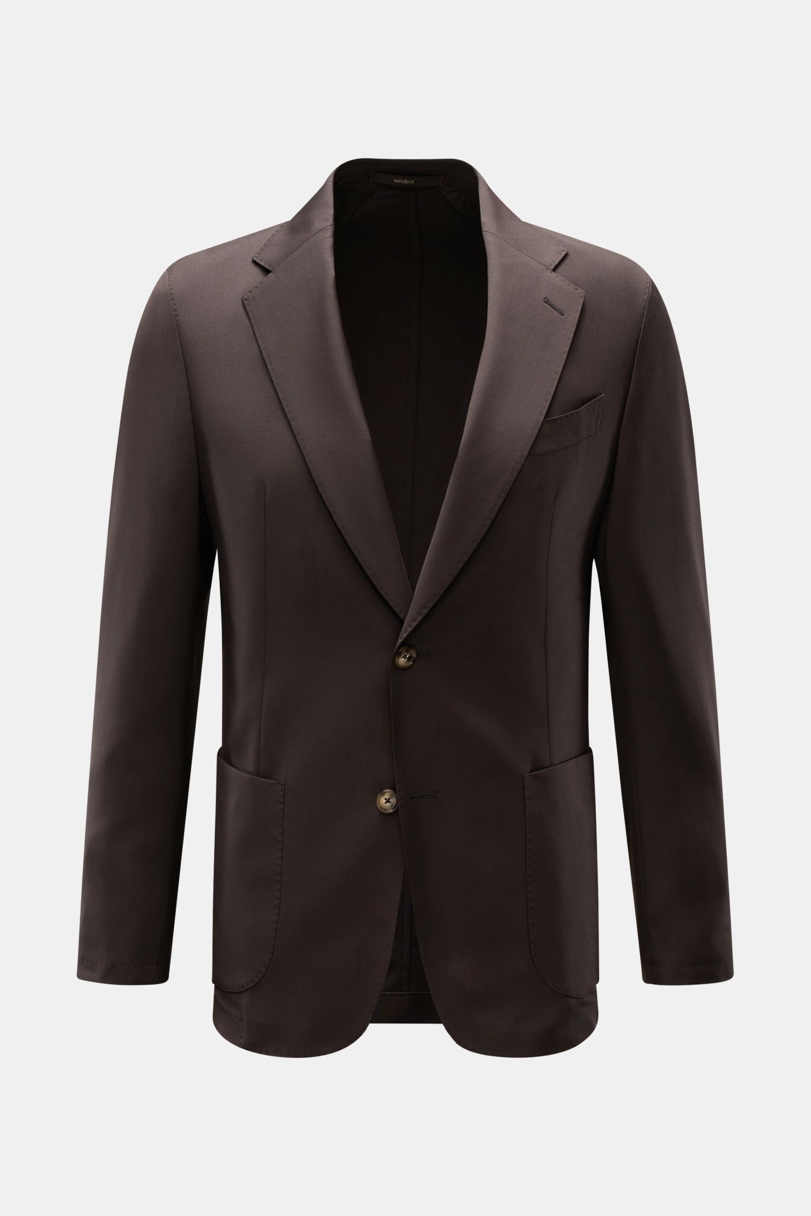 Windsor Sakko 'Travel' dunkelbraun, Slim Fit, Unconstructed Design, tailliert mit fallendem Revers, zwei Knöpfen, Brust- und Hüfttaschen, frontale Ansicht.