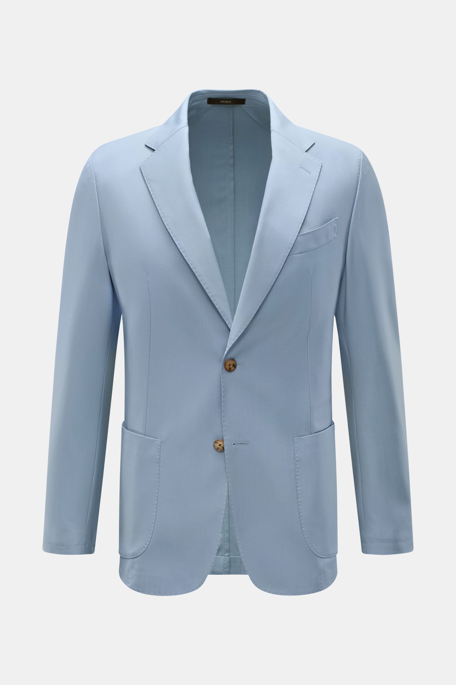 Windsor Sakko 'Travel' rauchblau, Slim Fit, aus reiner Schurwolle, Unconstructed Design, frontale Ansicht, taillierter Zwei-Knopf-Stil, aufgesetzte Hüfttaschen.