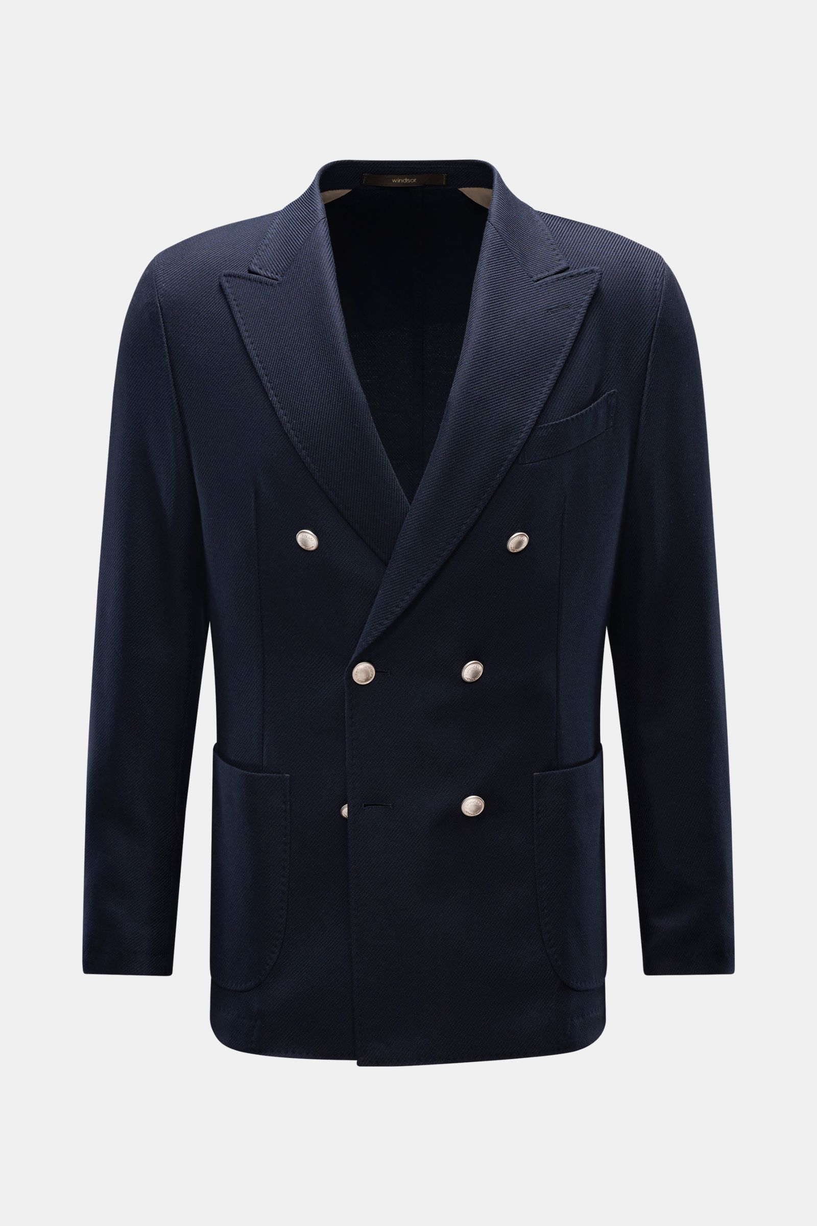 Windsor Sakko 'Salio' navy, frontal fotografiert, zweireihig mit drei Knöpfen, Mix aus Wolle und Baumwolle, Slim Fit, Spitzrevers, Brust- und Hüfttaschen.