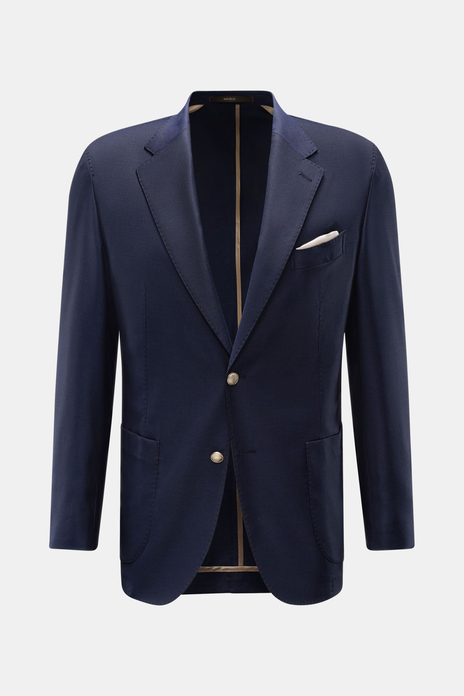 Windsor Sakko 'Giornos' navy frontal, tailliert, Slim Fit aus reiner Schurwolle mit Einstecktuch, fallendem Revers, Zwei-Knopf-Stil, Kissing Buttons.