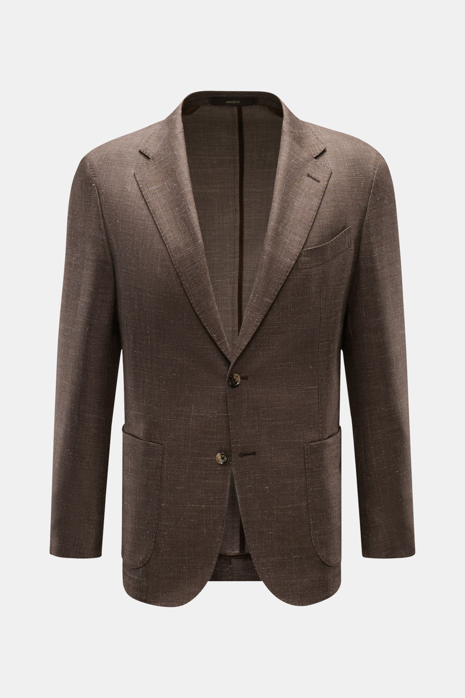 Windsor Sakko 'Giorno' graubraun meliert, Slim Fit, aus Leinen-Wolle, Unconstructed Design, fallendes Revers, Zwei-Knopf, frontale Ansicht.