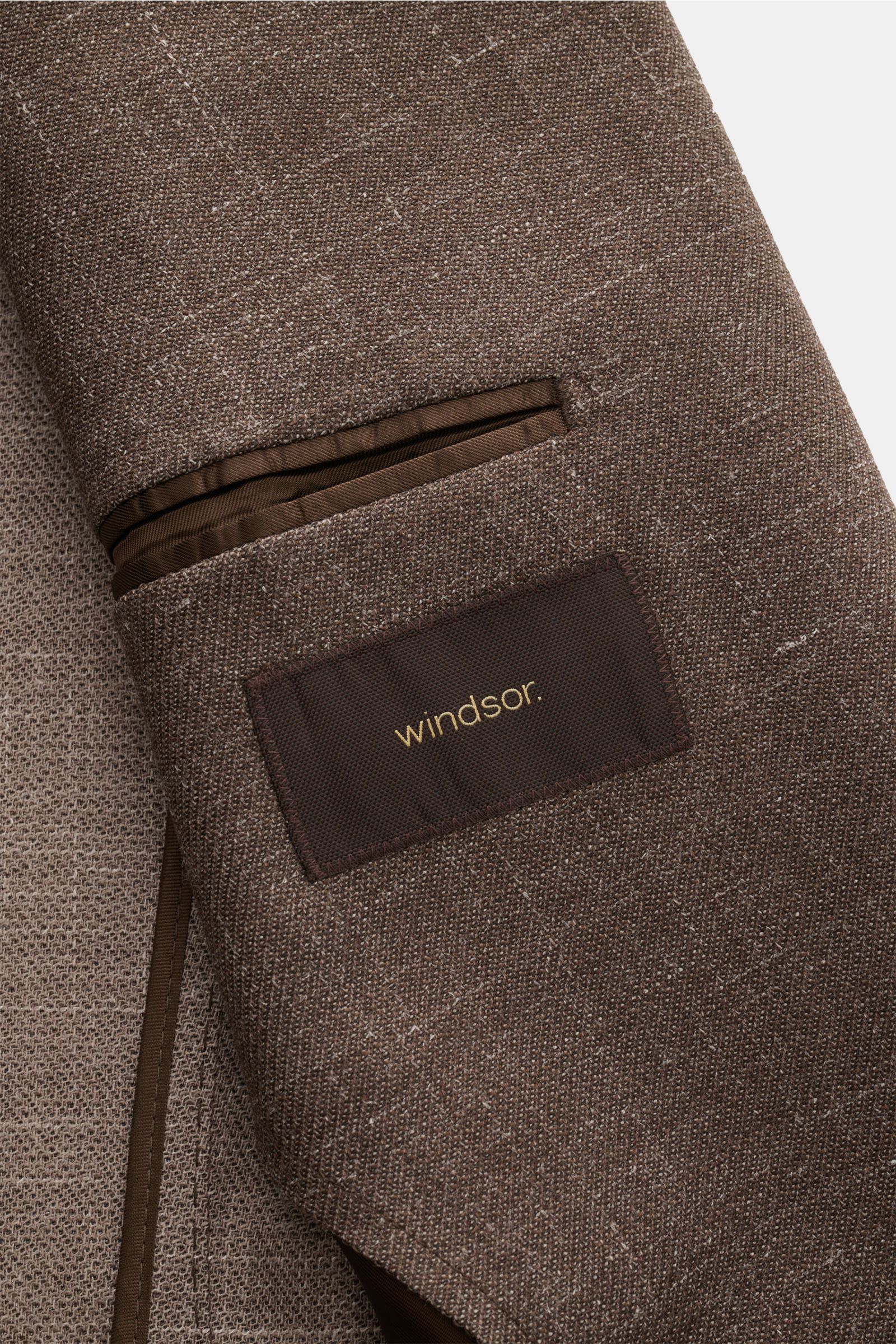 Windsor Sakko 'Giorno' graubraun meliert, Detailaufnahme Innenansicht mit Label, weicher Wolle-Leinen-Mix, Unconstructed Design, Slim Fit.