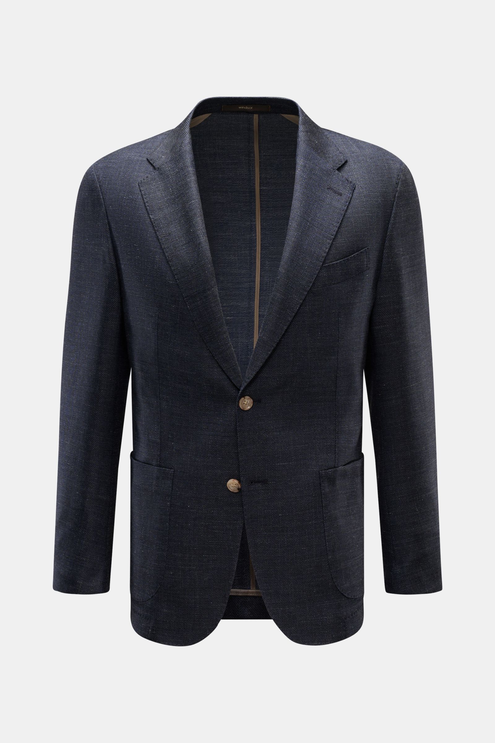 Windsor Sakko 'Giorno' navy meliert, Slim Fit, Unconstructed Design, Leinen-Wolle-Mix, fallendes Revers, Zwei-Knopf-Stil, frontale Ansicht.