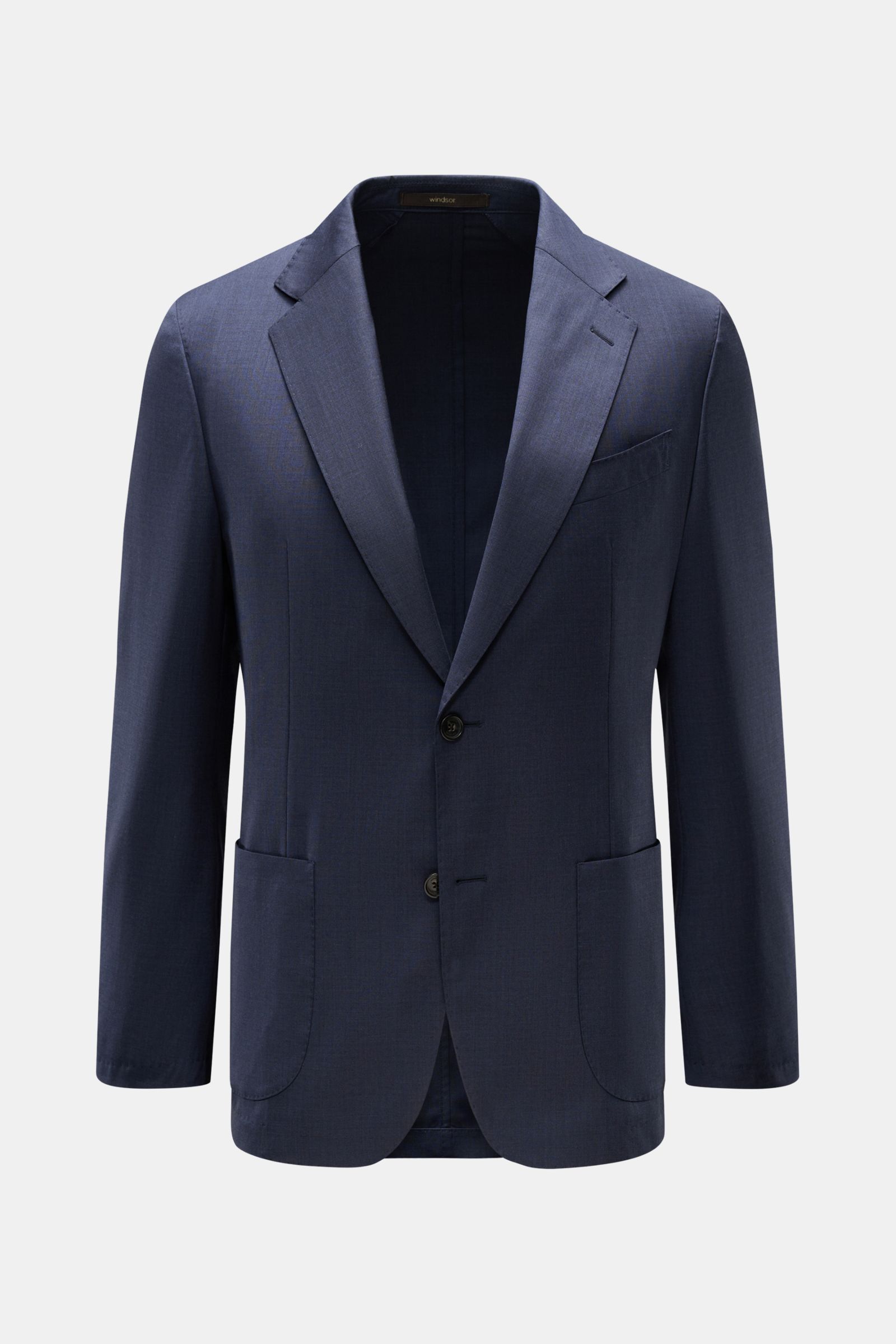 Windsor Sakko 'Travel' navy meliert, Slim Fit, feine Wolle, glatter Griff, fallendes Revers, Zwei-Knopf-Stil, Brust- und Hüfttaschen, Frontansicht.