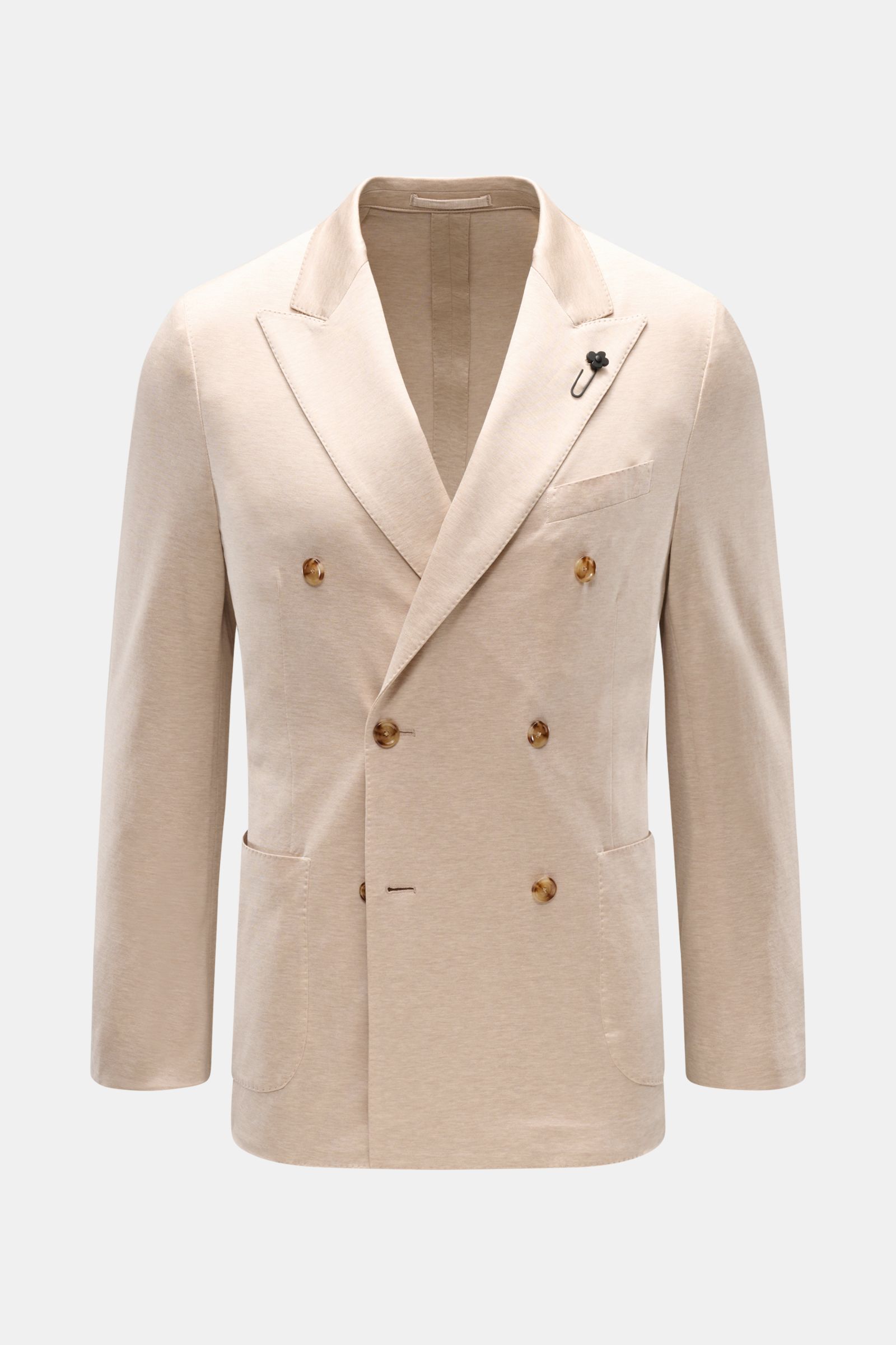 Front view of Lardini Jersey jacket beige mottled, a double-breasted slim fit cotton jersey jacket with pointed lapel, floral pin, patch hip pockets, and unfinished sleeve cuffs. Comfortable and elegant: This double-breasted smart-casual jacket by LARDINI