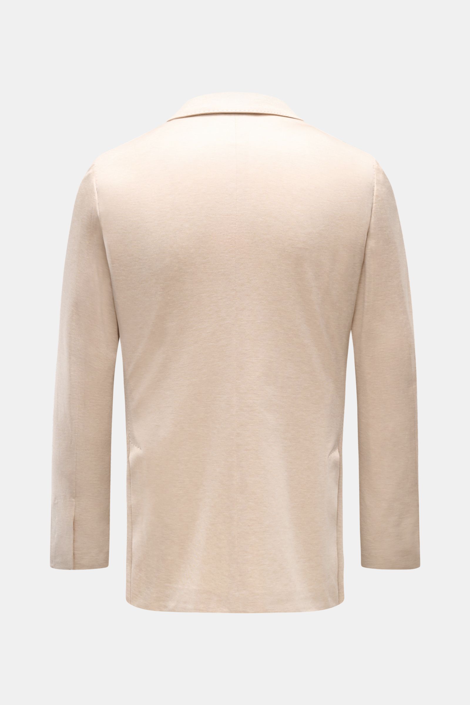 Rear view of Lardini Jersey jacket beige mottled in slim fit cotton jersey with soft feel, side vents, and unfinished sleeve cuffs.