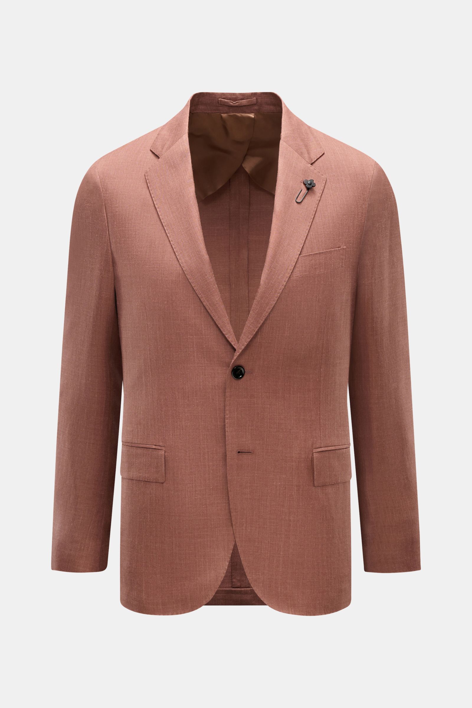 Lardini Sakko braun meliert, Slim Fit, Zwei-Knopf-Stil mit Spitzrevers und Blüten-Anstecker, frontal und leicht geöffnet fotografiert.