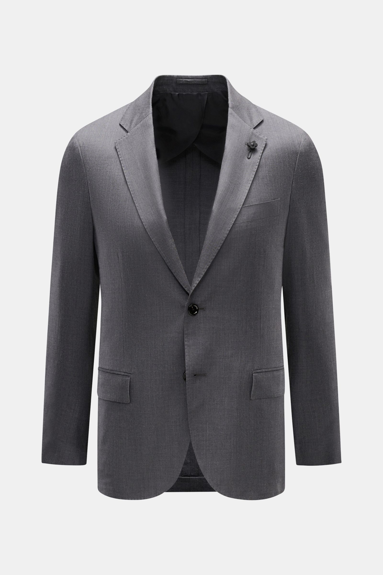 Lardini Sakko dunkelgrau meliert, Slim Fit, tailliert, aus Wolle mit Seide und Leinen, frontal fotografiert mit Spitzrevers und Blüten-Anstecker.