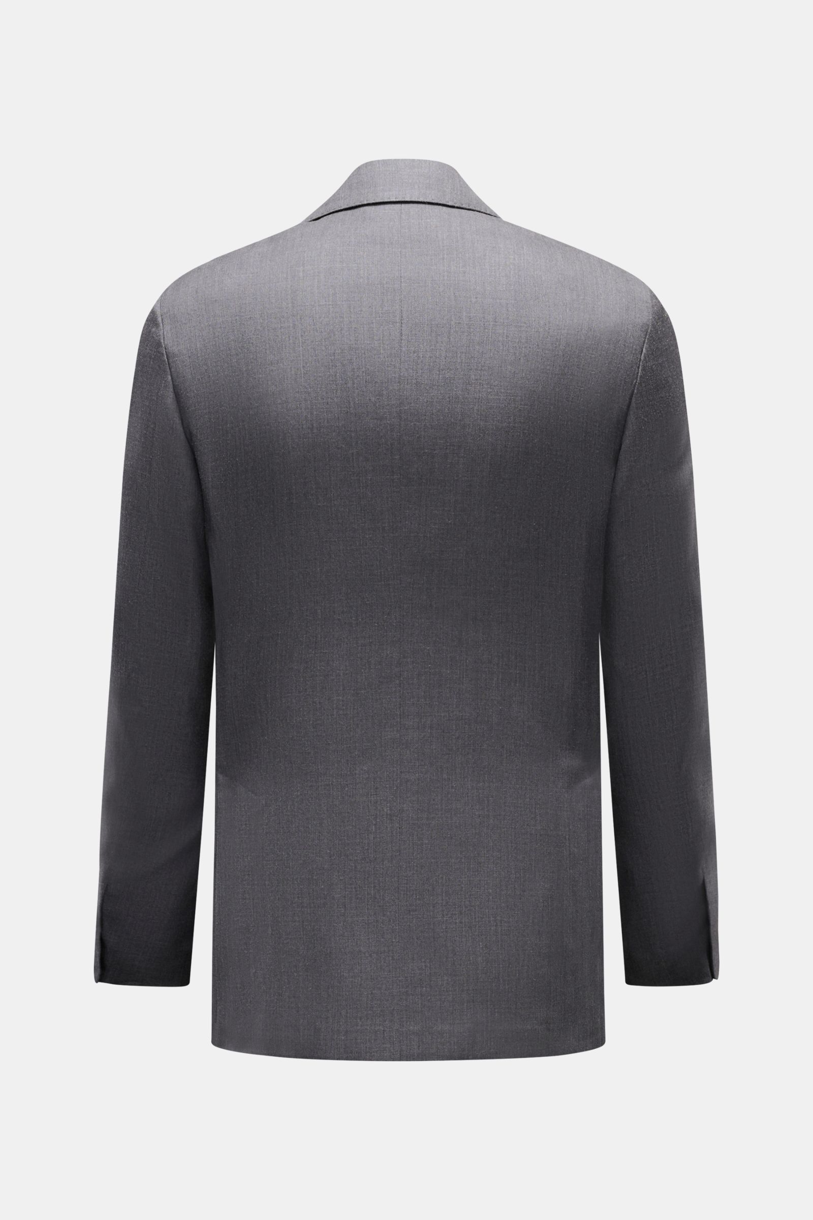Lardini Sakko dunkelgrau meliert, aus Wolle mit Seide und Leinen, Slim Fit, Rückansicht auf schlichtem Hintergrund, Ärmel unfertig.