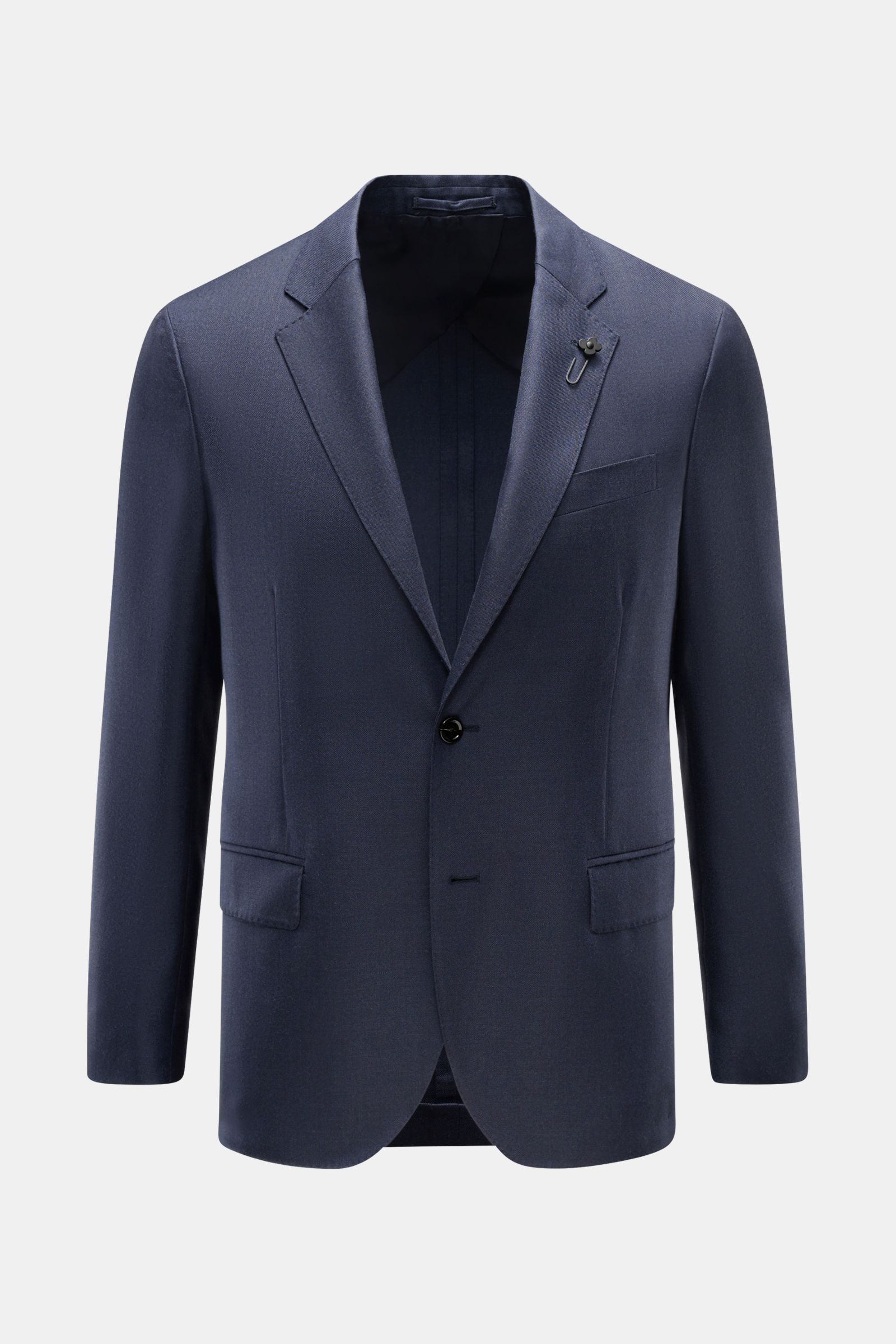 Lardini Cashmere Sakko navy, frontale Ansicht, Slim Fit, reiner Cashmere, weicher Griff, fallendes Revers mit Blüten-Anstecker, taillierter Zwei-Knopf-Stil, Brusttasche, Hüfttaschen mit Patte, unfertige Ärmelabschlüsse, Seitenschlitze, unconstructed Desig