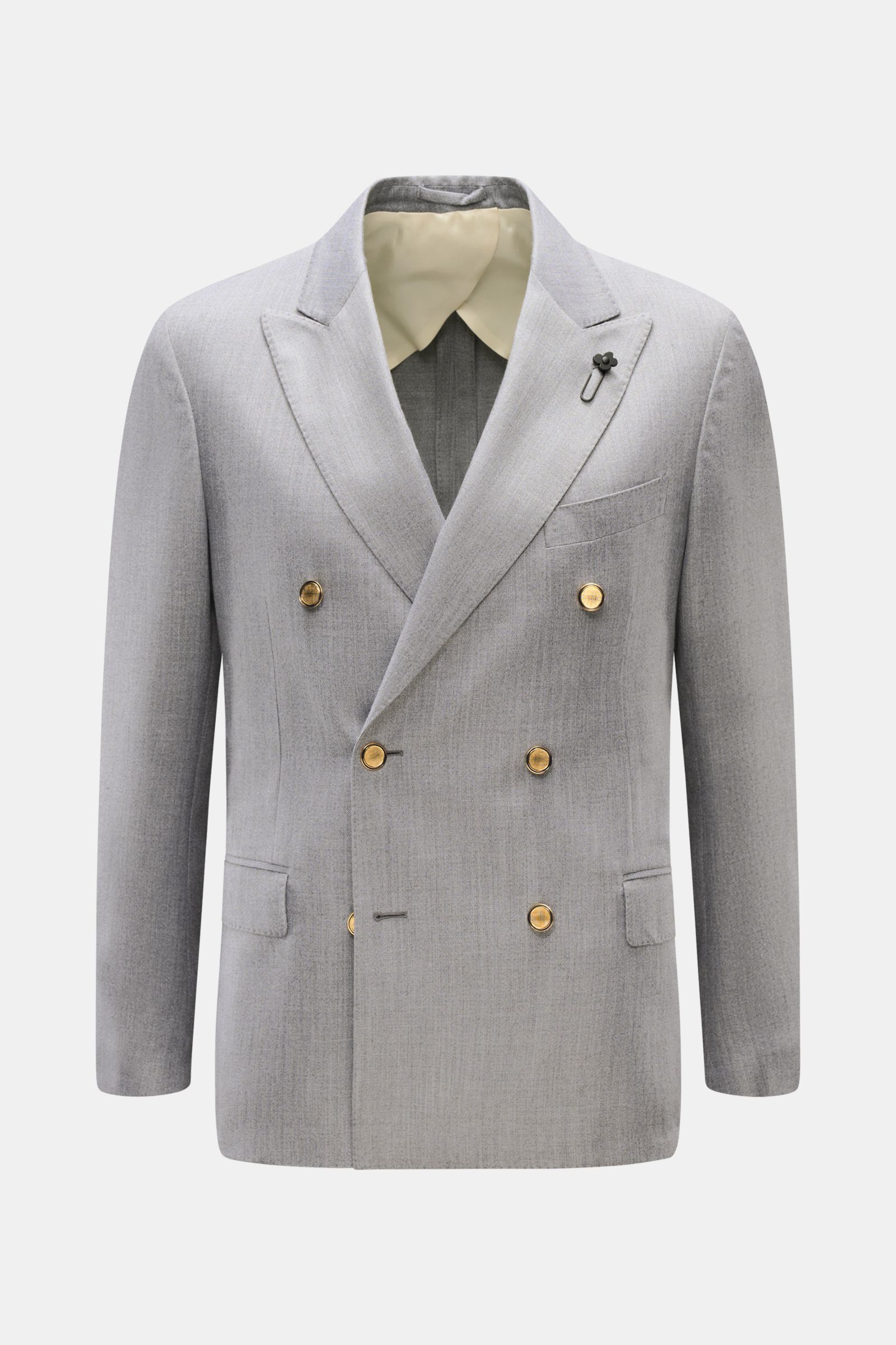 Lardini Sakko grau meliert, frontal fotografiert, Slim Fit, zweireihig mit goldenen Knöpfen, Spitzrevers und markantem Blüten-Anstecker.