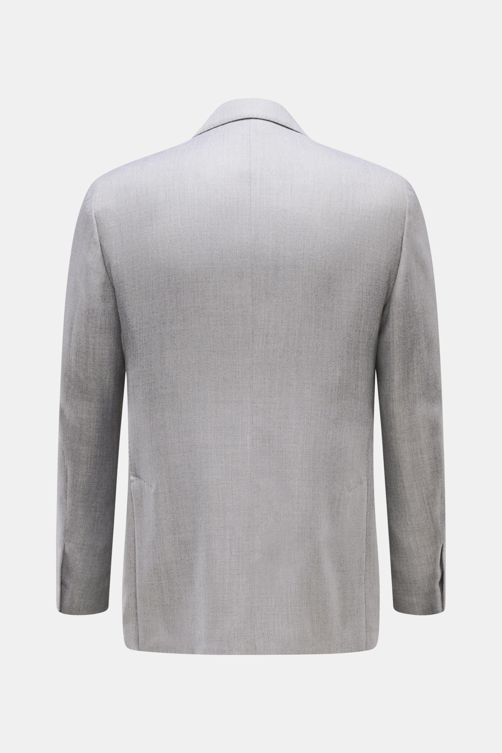 Lardini Sakko grau meliert, Rückansicht, Unconstructed-Design, weicher Wolle-Seide-Mix, Slim Fit, Seitenschlitze, halb gefüttert, Ärmel unfertig.