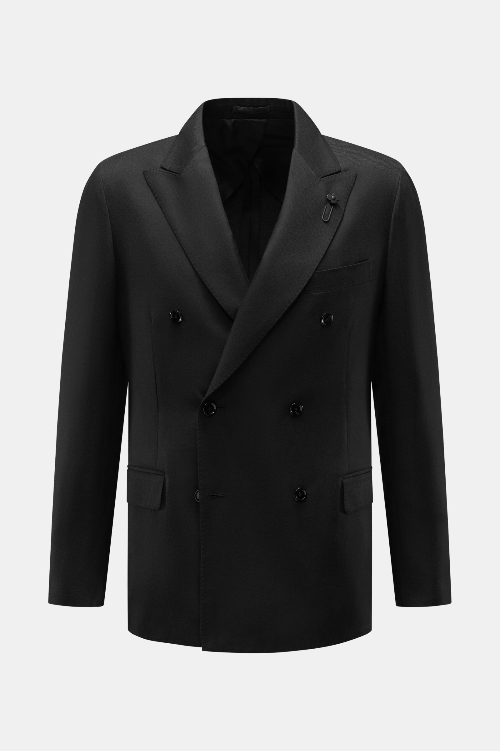 Lardini Sakko dark navy, frontal fotografiert, zweireihig mit Spitzrevers und Blüten-Anstecker, Mix aus Cashmere, Wolle, Seide, Slim Fit, Brust- und Hüfttaschen.